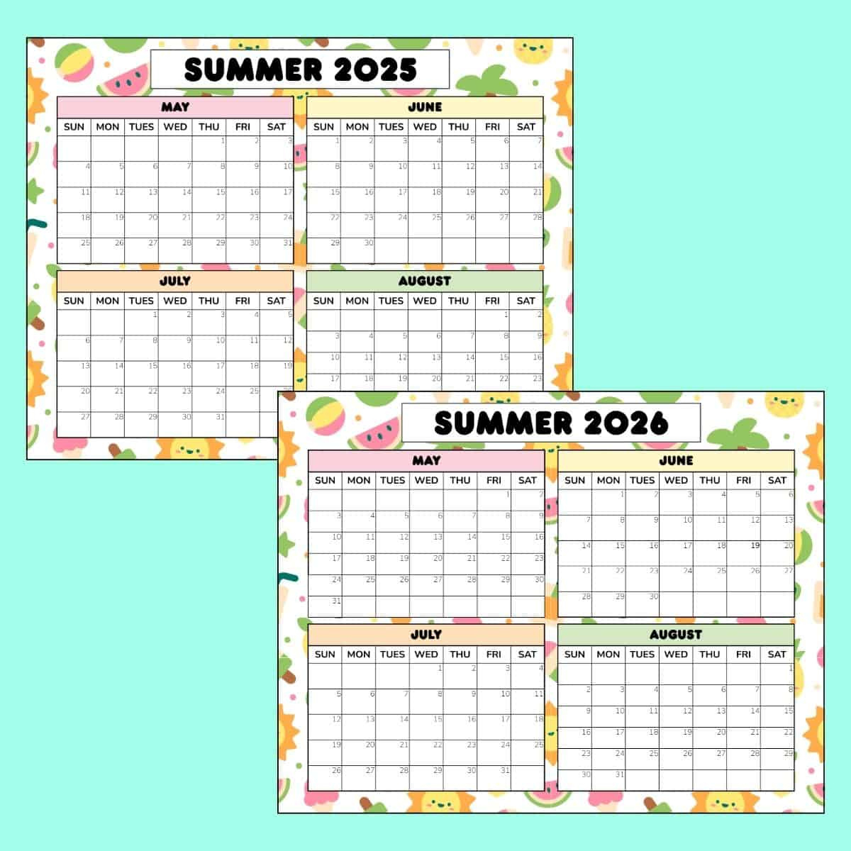 Free Cute Summer 2026 Calendar Printable Pdf in Spring Break 2026 Calendar Printable