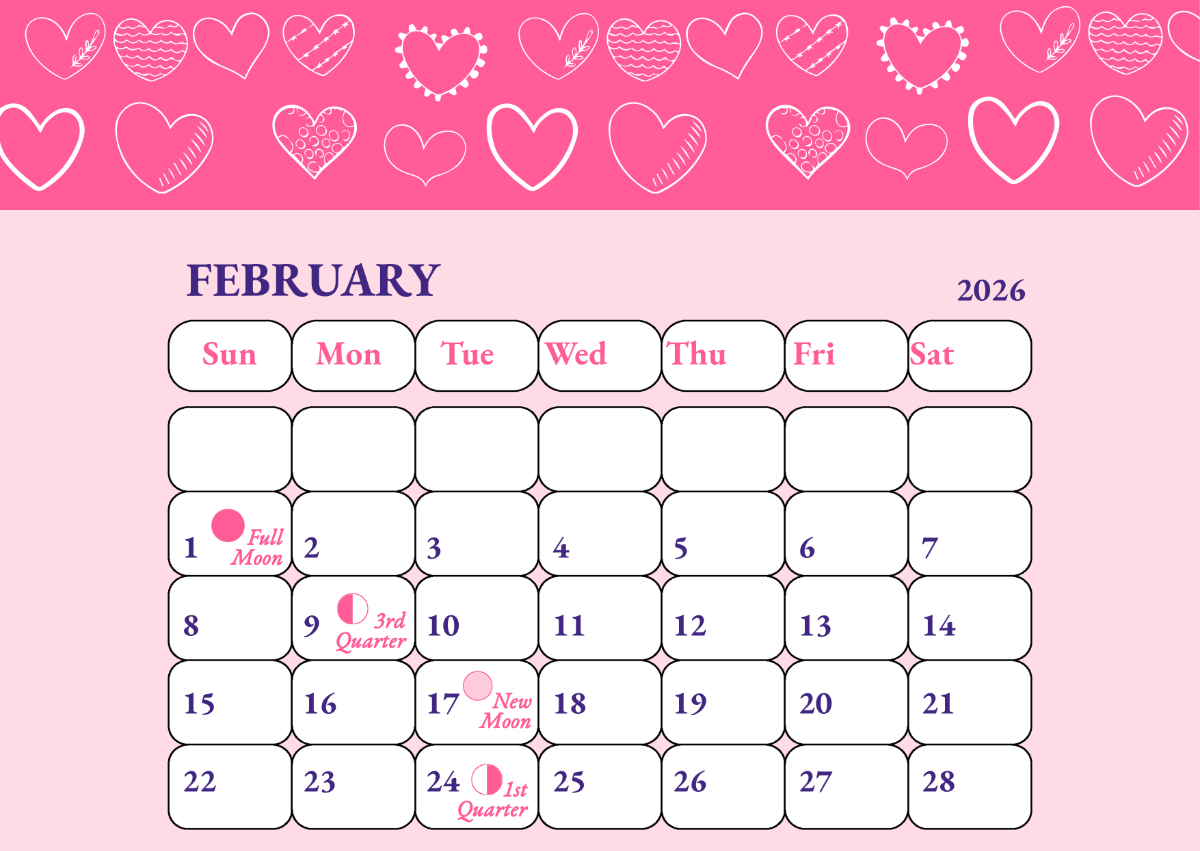 Free February 2026 Calendar With Moon Phases Template To Edit Online inside Moon Phase Calendar 2026 February