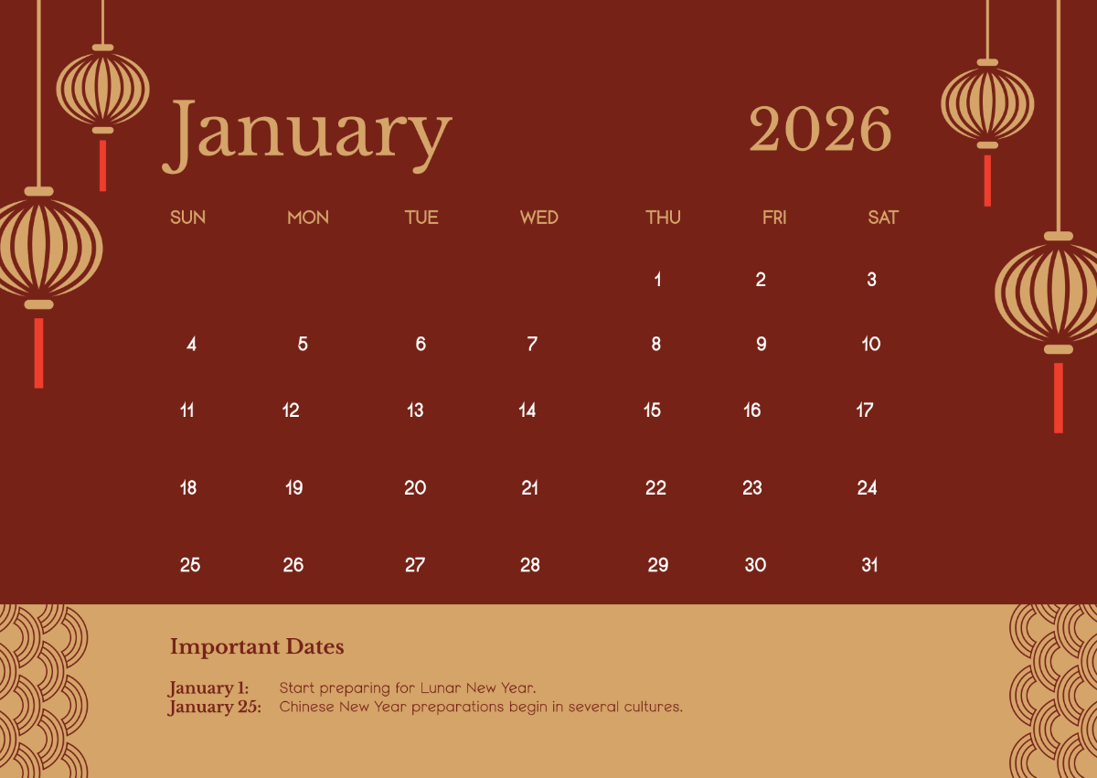 Free January 2026 Lunar Calendar Template To Edit Online throughout January 2026 Chinese Calendar