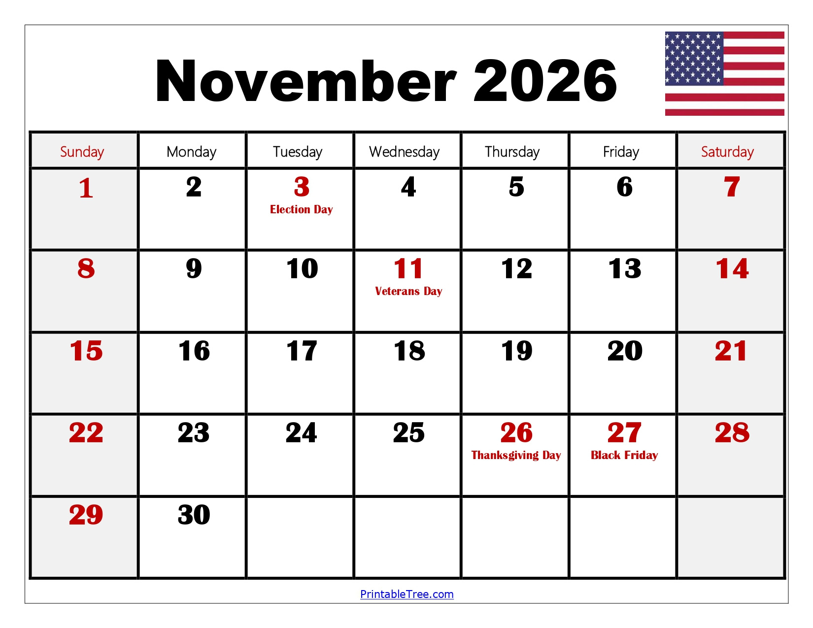Free November 2026 Calendar Printable Pdf With Holidays Templates for November 2026 Calendar Printable Free