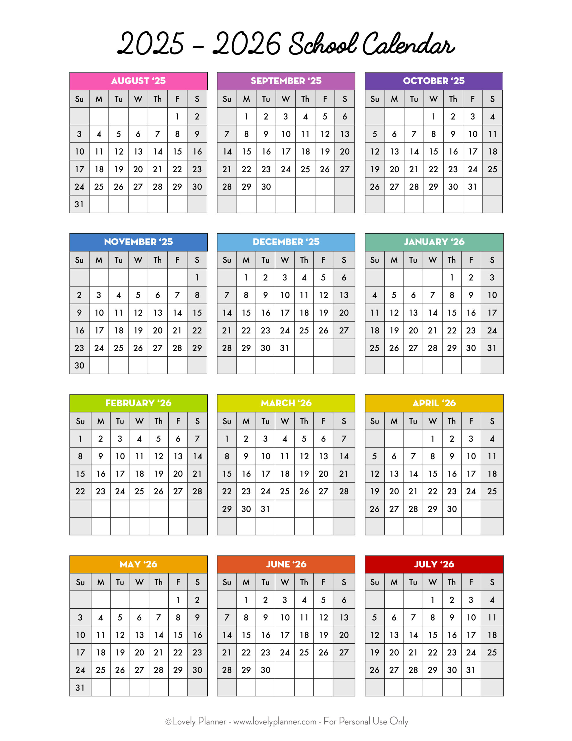 Free Printable 2025-2026 School Calendar - One Page Academic throughout 2025 2026 School Year Calendar Printable Free