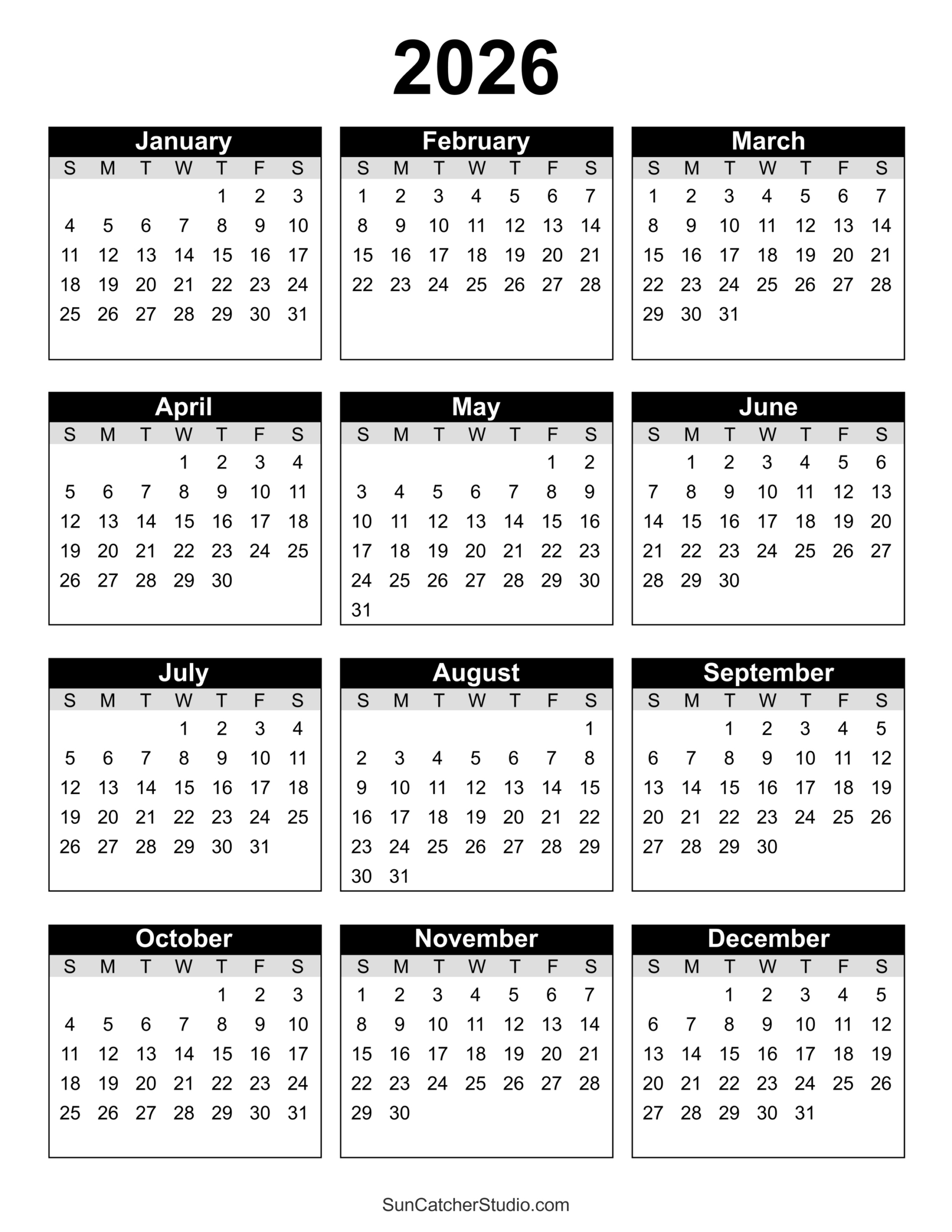 Free Printable 2026 Yearly Calendar – Free Printables, Lettering throughout 2026 Calendar Printable Portrait