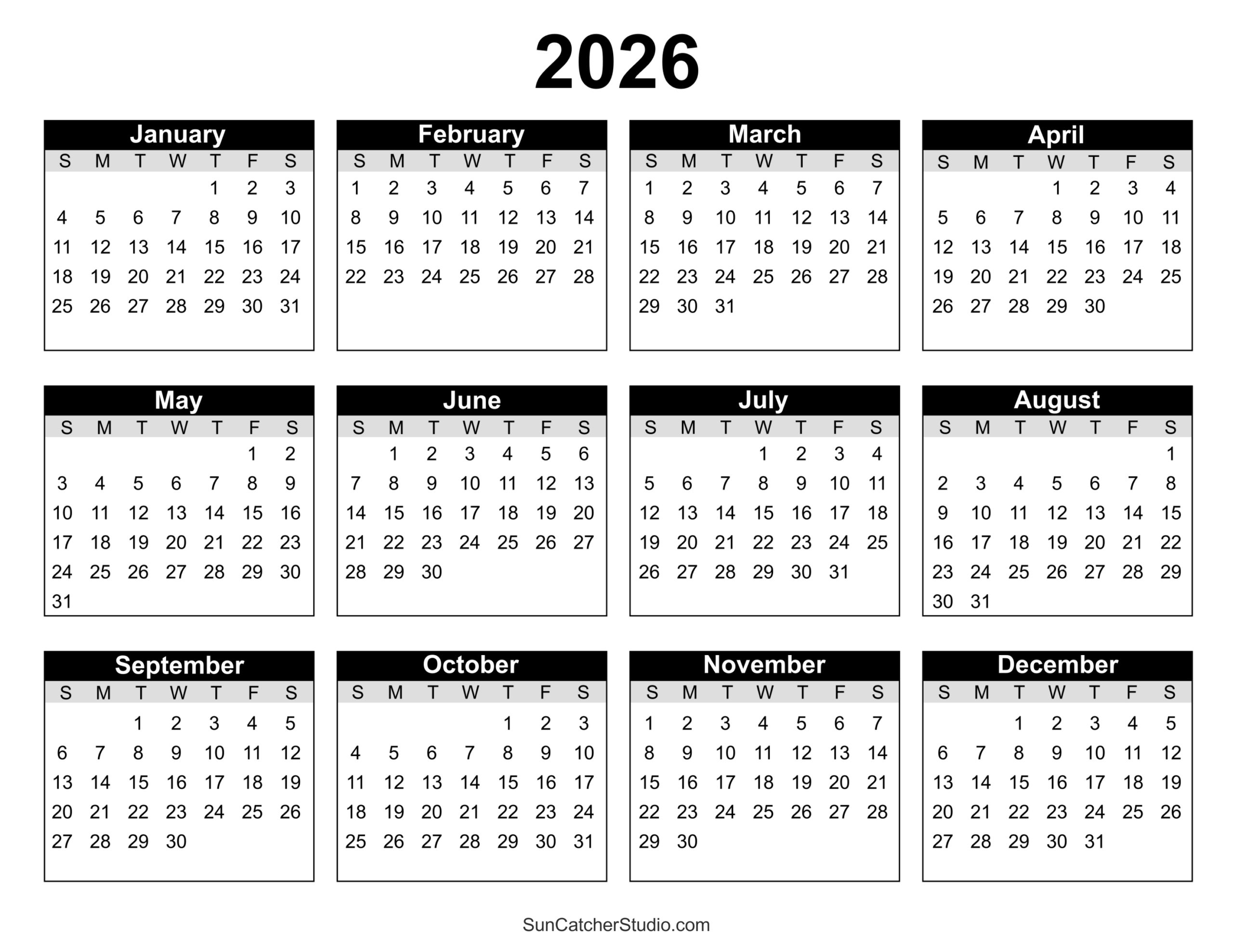 Free Printable 2026 Yearly Calendar – Free Printables, Lettering within 2026 Blank Calendar Printable Free
