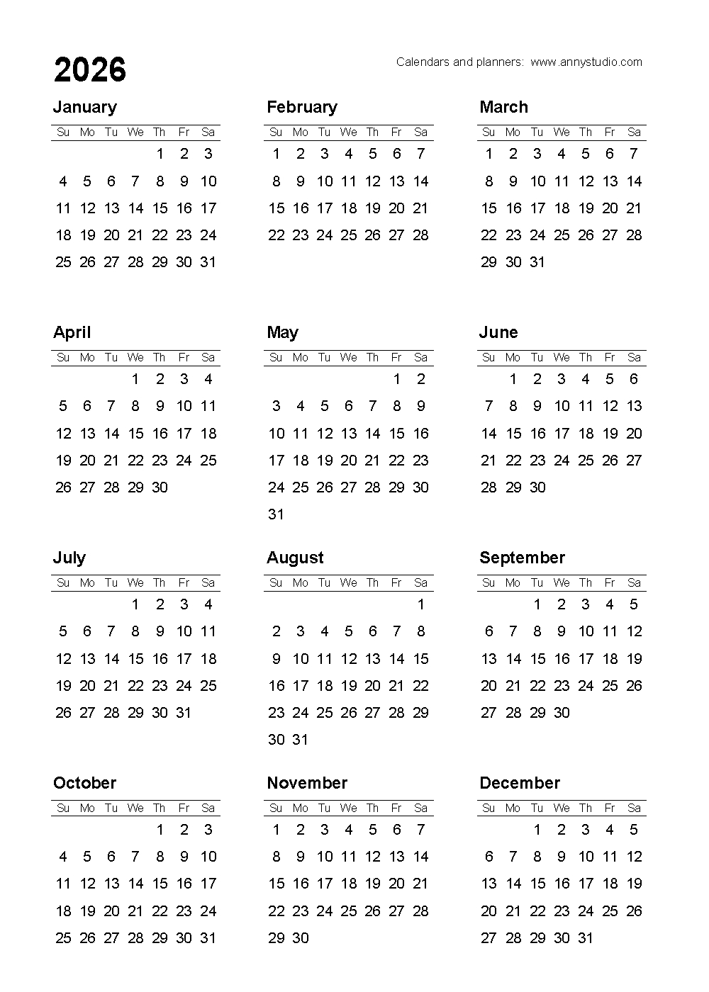 Free Printable Calendars And Planners 2026 And 2027 regarding 2026 Calendar Printable A4 Yearly