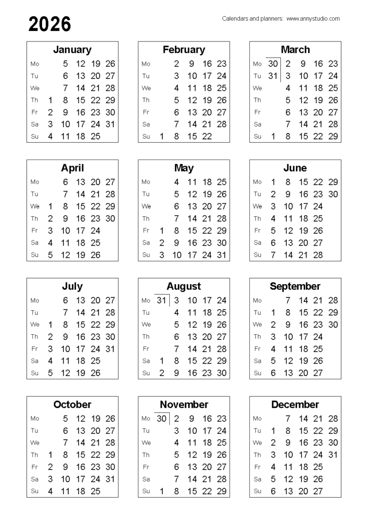 2026 Calendar Printable Small