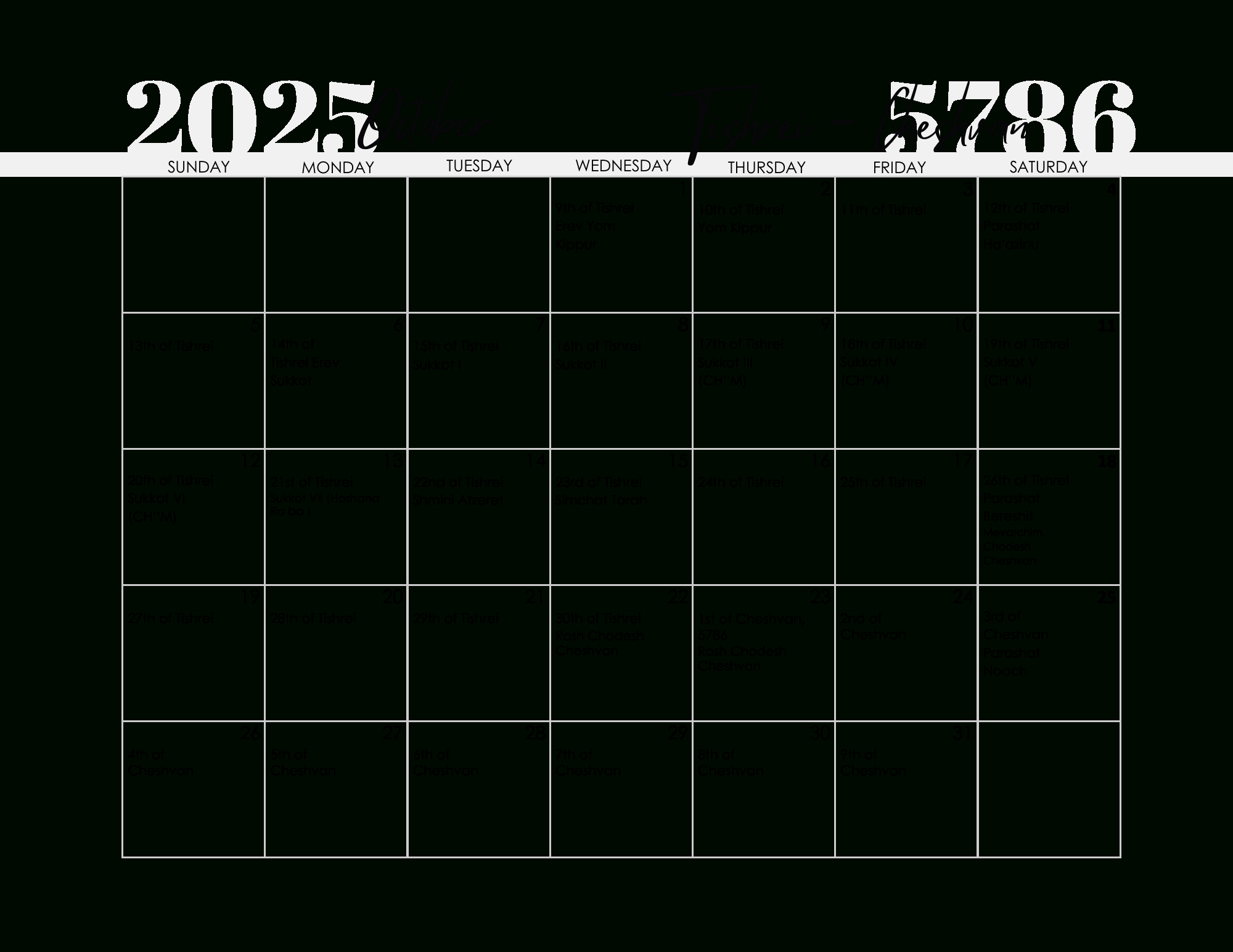 Free Printable Jewish Calendar 2025, 2026, 2027, 2028, 2029, 2030 for Jewish Calendar October 2025 Printable