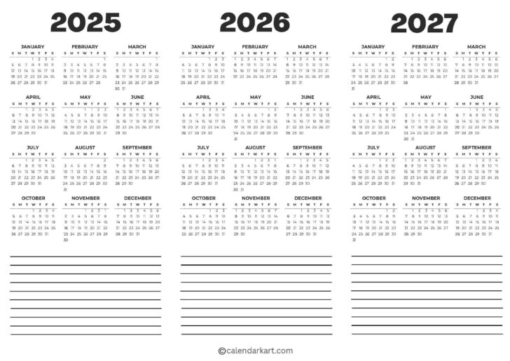 Printable 3 Year Calendar 2025 2026 2027