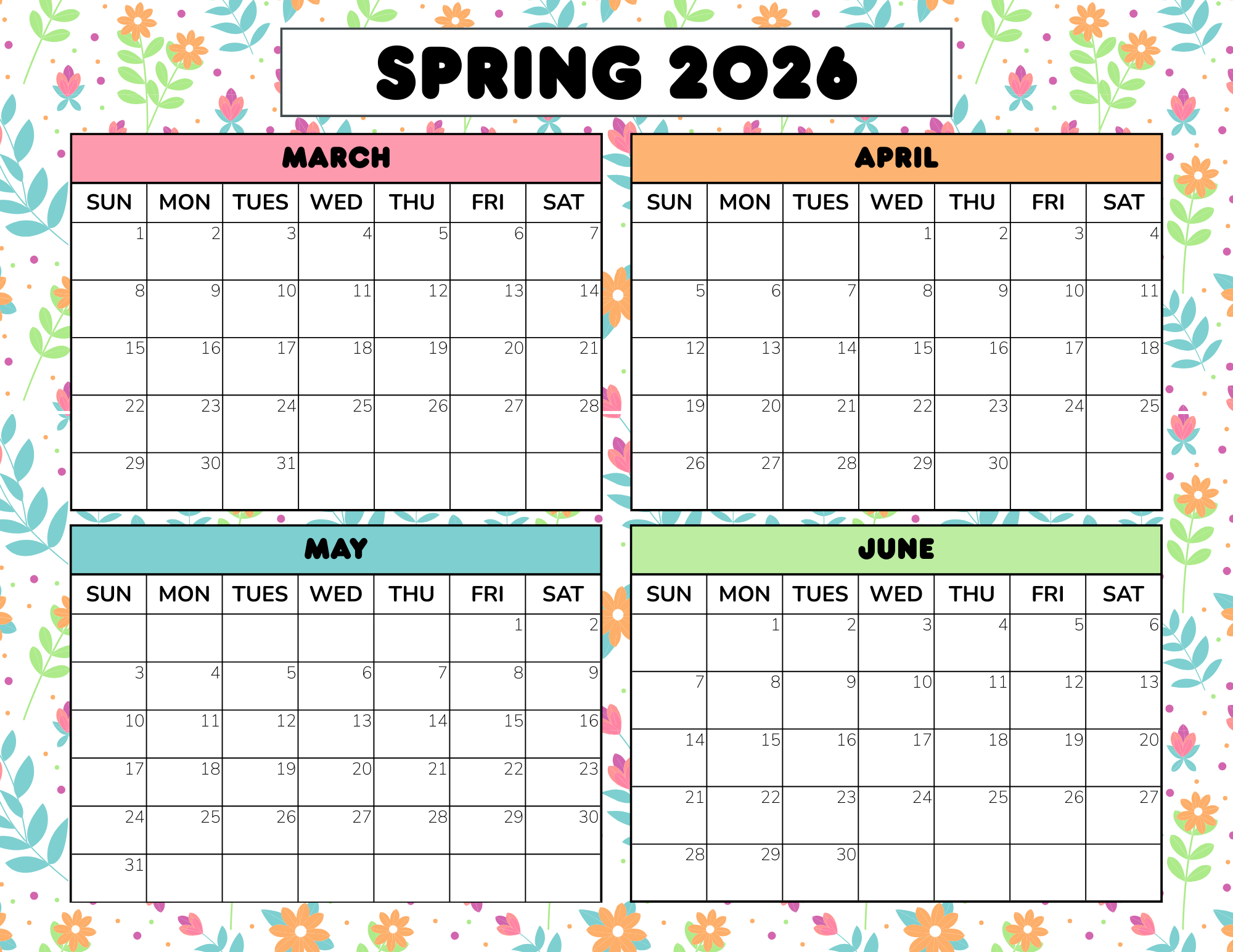 Free Spring Calendar Printable: 2026 &amp;amp; 2027 Pdf inside Spring Break 2026 Calendar Printable