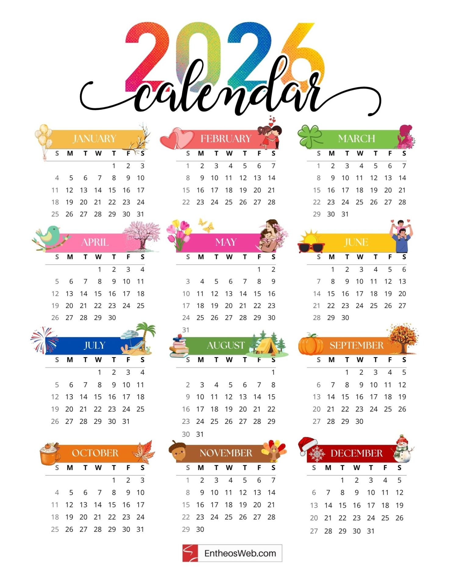 Full Year Printable 2026 Calendar – Free One Page Calendars inside 2026 Calendar Free Printable One Page