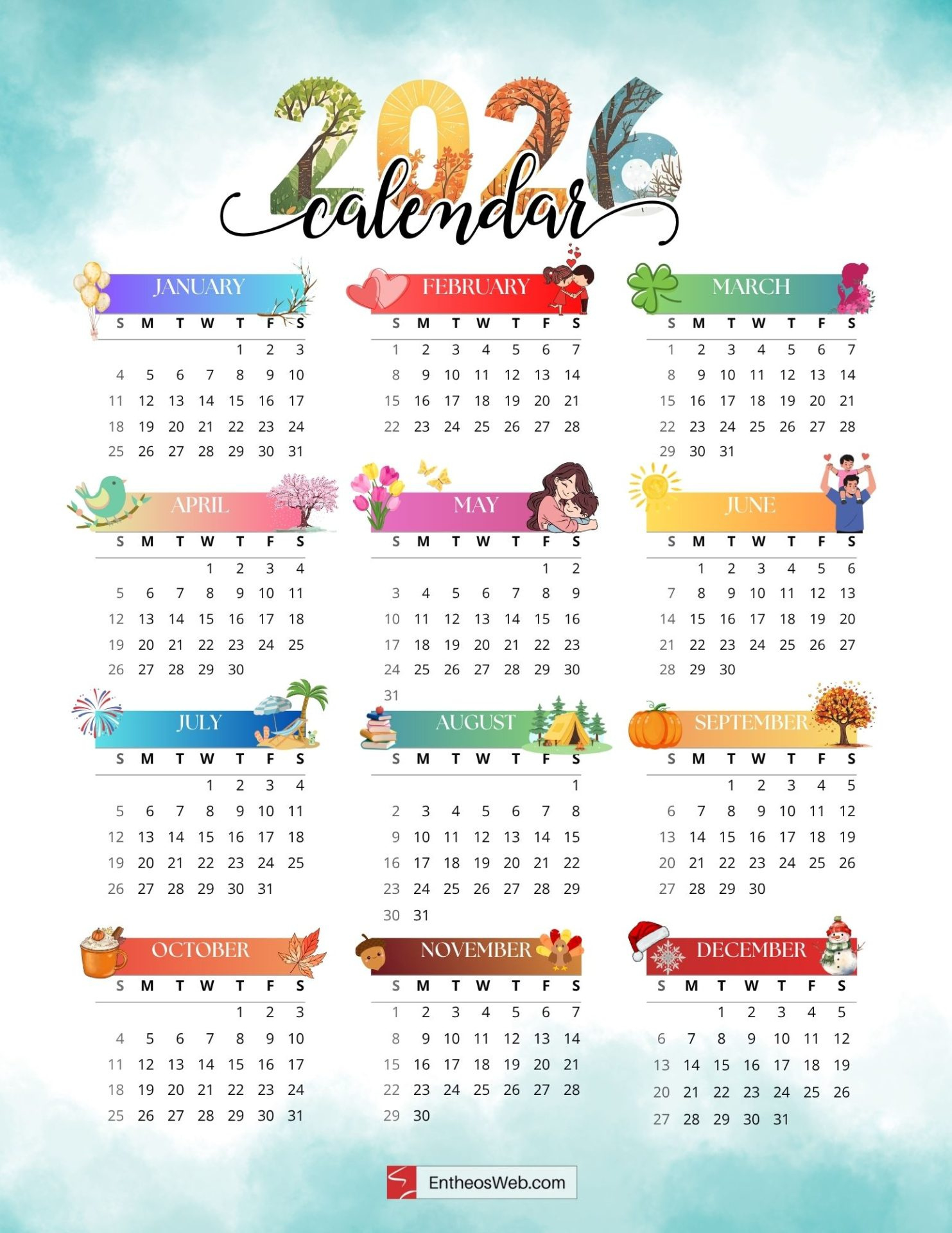 Full Year Printable 2026 Calendar – Free One Page Calendars inside 2026 Calendar Printable Free One Page