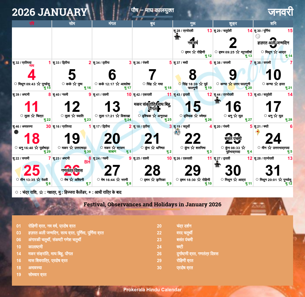 Hindu Calendar 2026, January within January 2026 Calendar with Indian Holidays Printable