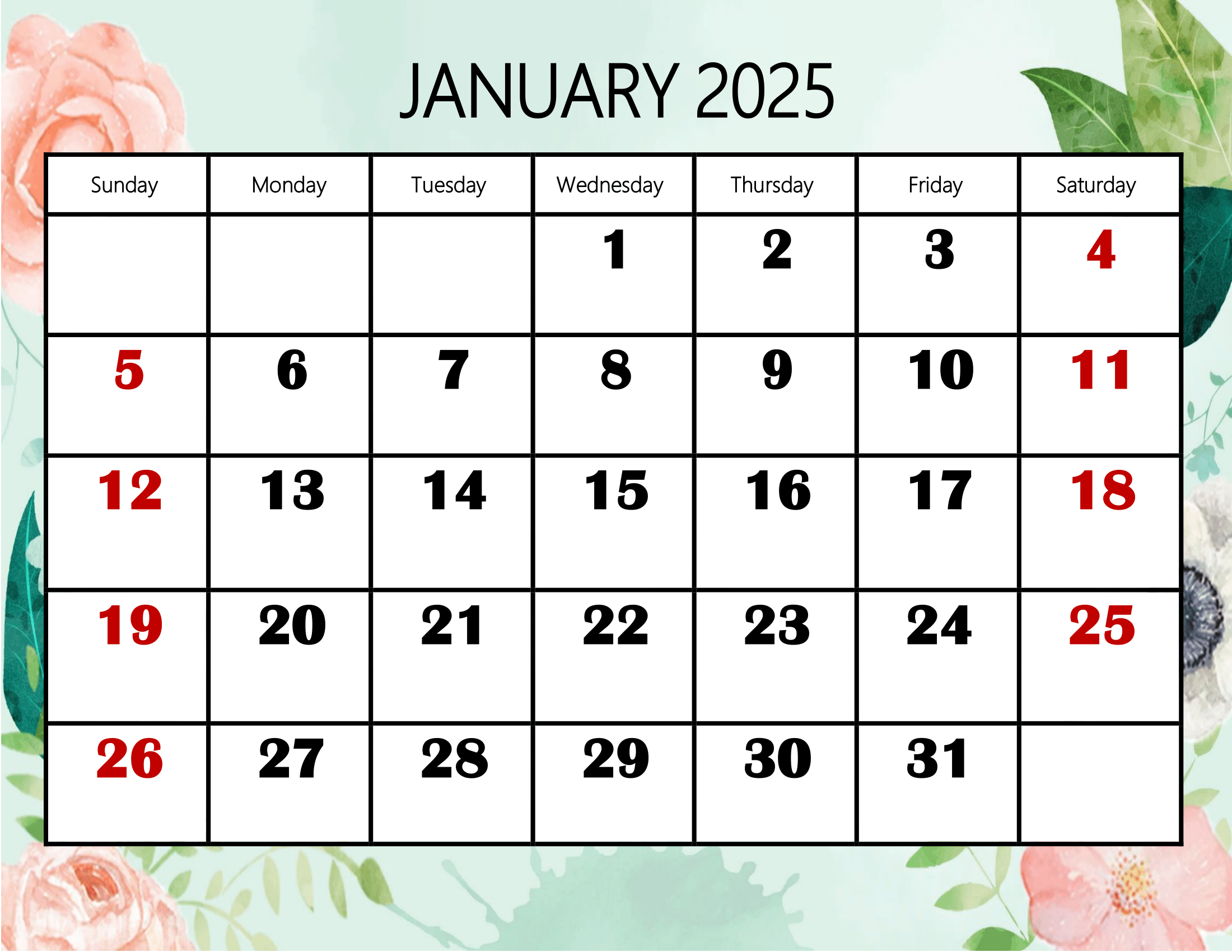 January 2025 Calendar Printable Pdf Template With Holidays for January To December 2025 Calendar Printable