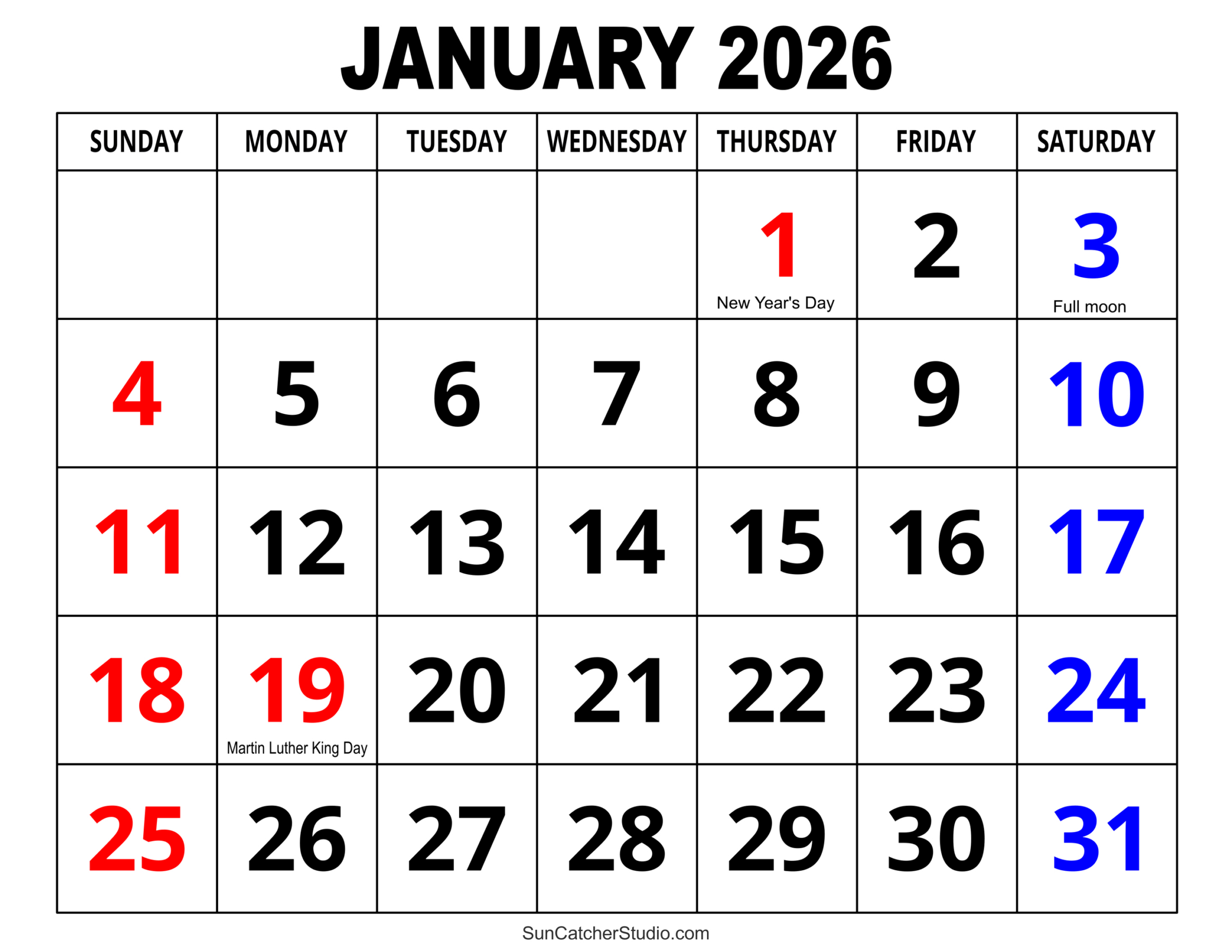 January 2026 Calendar (Free Printable) – Free Printables intended for Calendar For January 2026
