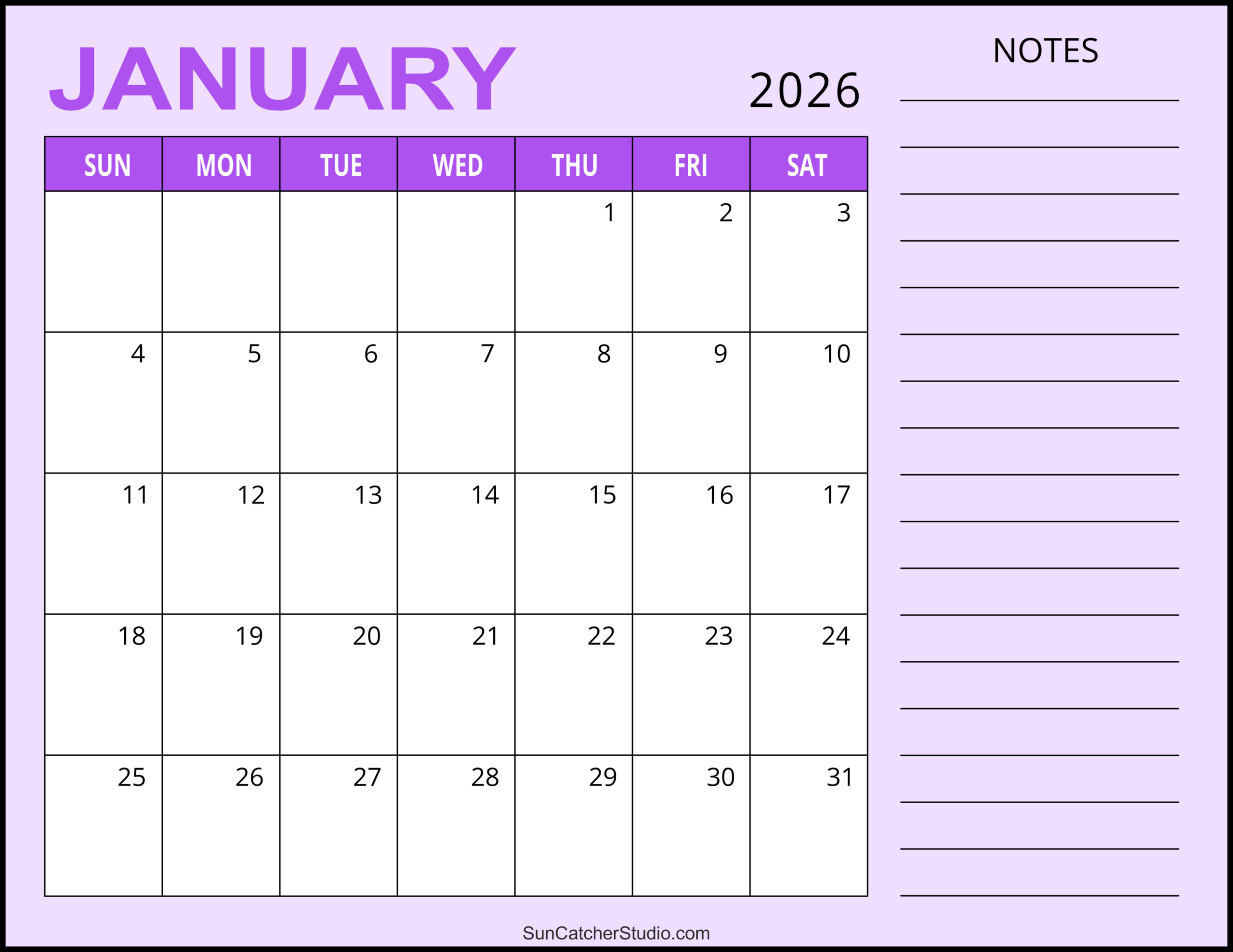 January 2026 Calendar (Free Printable) – Free Printables within 2026 Calendar Printable Notes