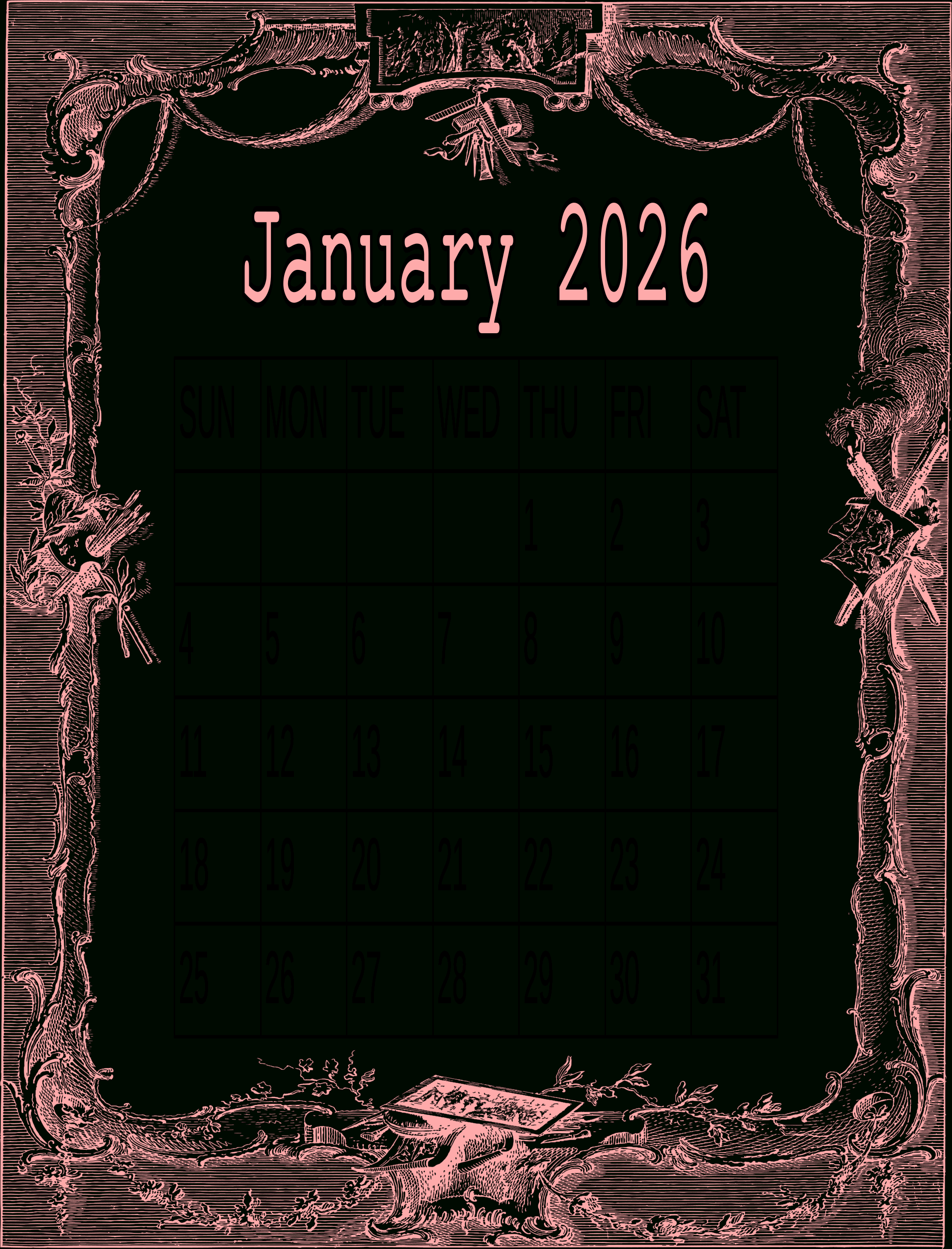 January 2026 Calendar – My Calendar Land inside January 2026 Calendar Printable Pink
