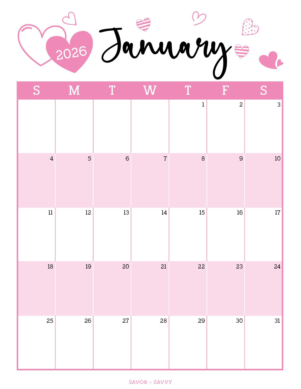 January 2026 Calendar Templates - 14 Free Printables - Savor + Savvy within January 2026 Calendar Printable Pink