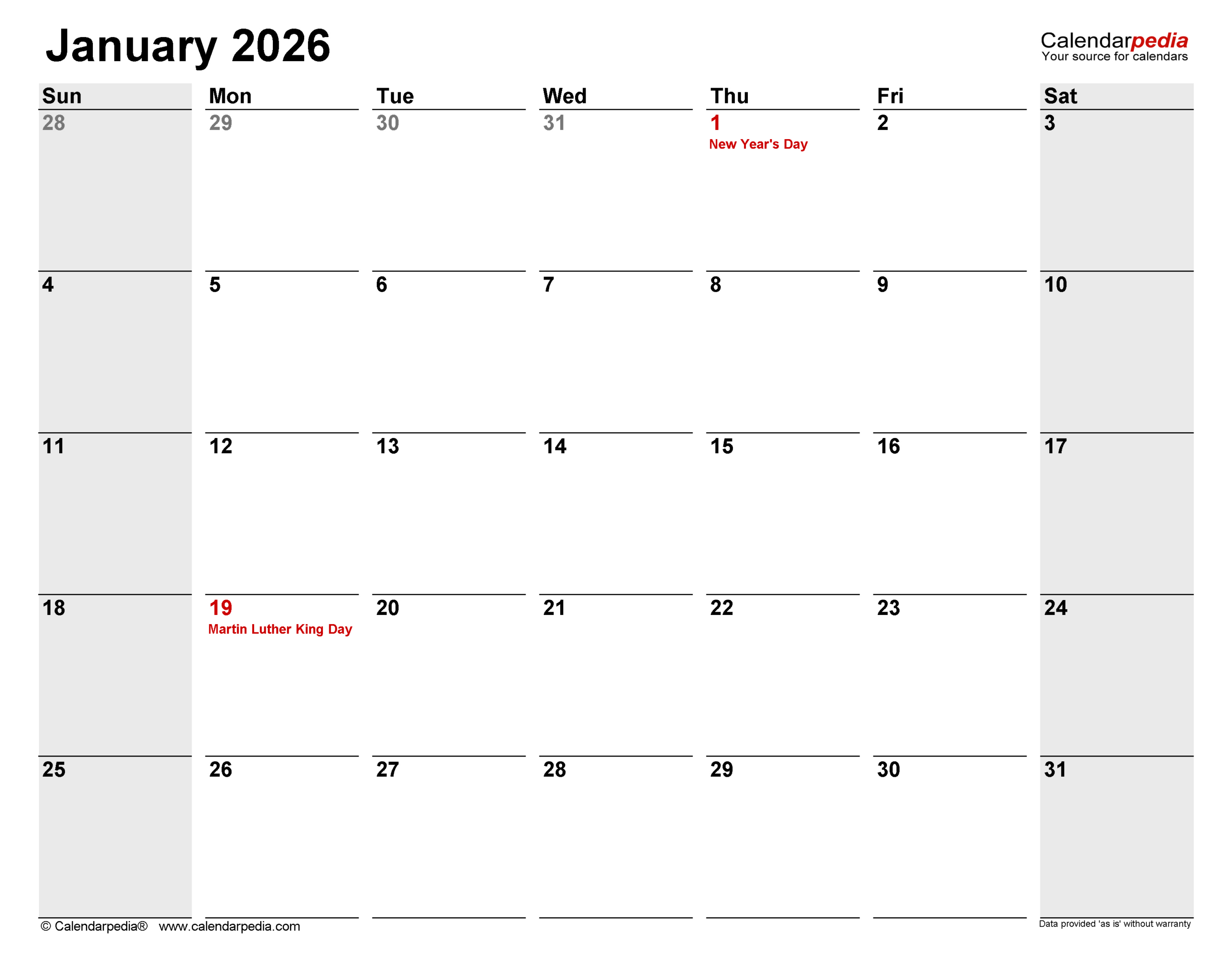 January 2026 Calendar | Templates For Pdf, Excel And Word within Staff Attendance For January 2026
