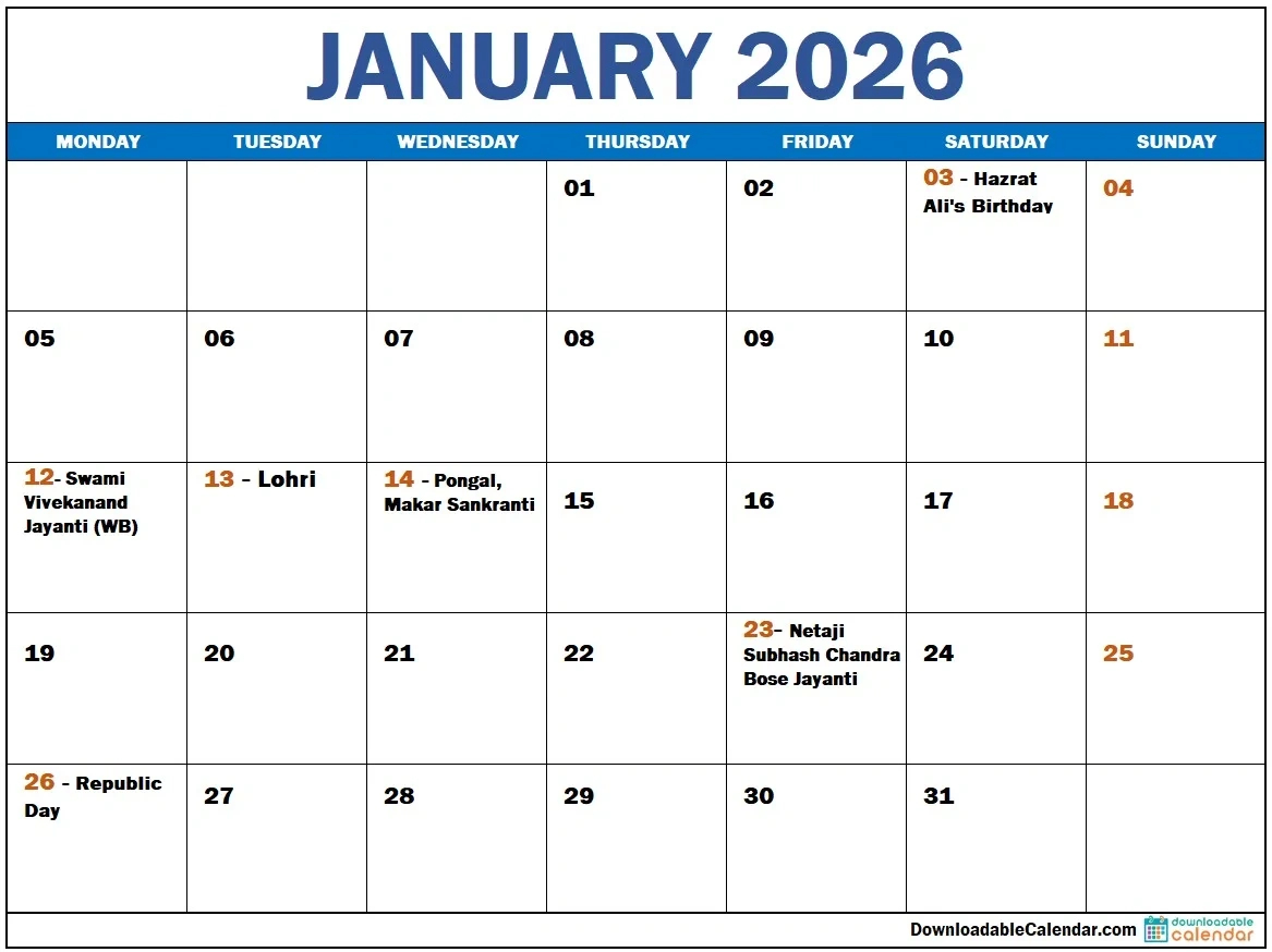 January 2026 Calendar: Transform Your Plans Into Success throughout January 2026 Calendar With Indian Holidays Printable