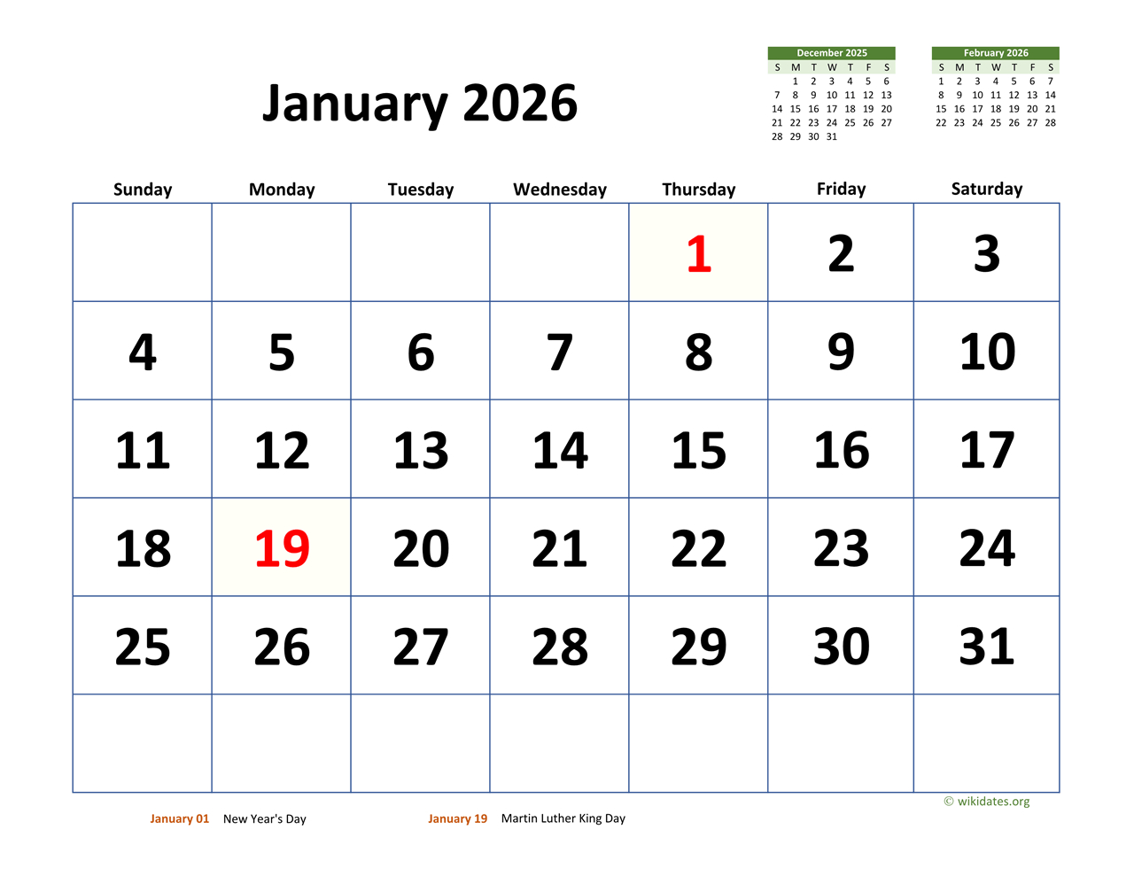 January 2026 Calendar With Extra-Large Dates | Wikidates regarding January 2026 Calendar Wiki Printable