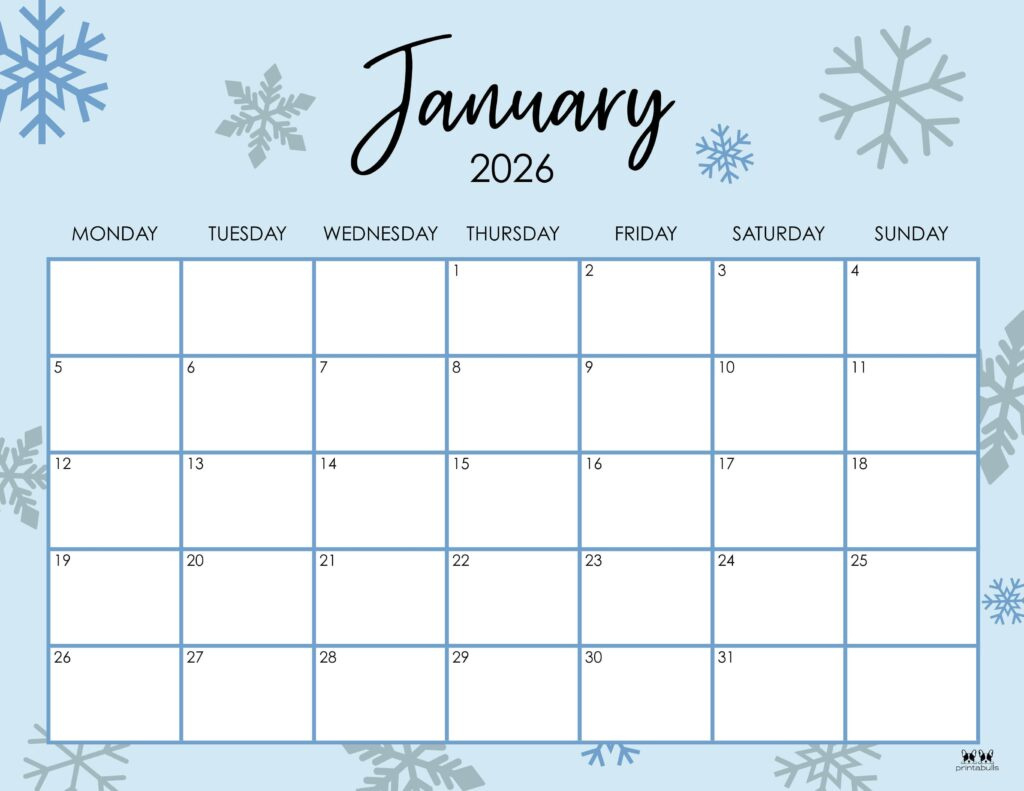 January 2026 Calendars - 123 Free Printables | Printabulls regarding January 2026 Calendar Printable Monday Start