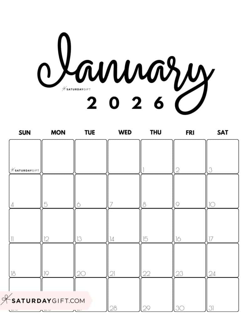 January 2026 Calendars - 23 Cute Free Printable Pdfssaturdaygift in January 2026 Calendar Printable Vertical