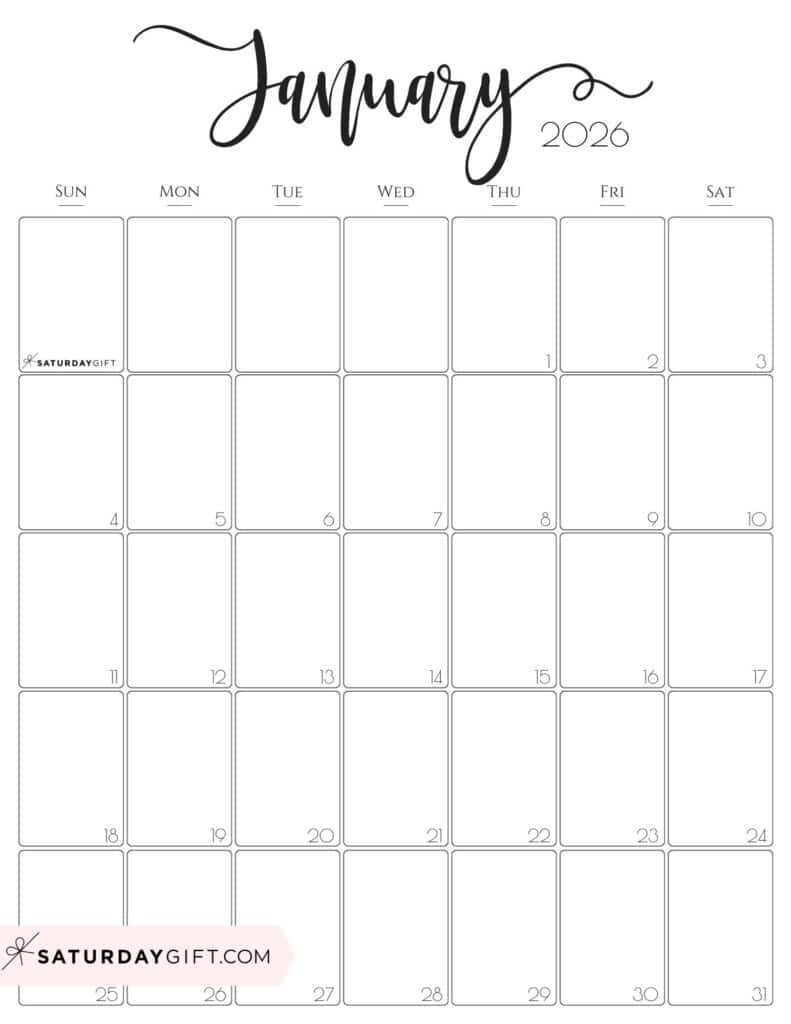 January 2026 Calendars - 23 Cute Free Printable Pdfssaturdaygift inside 2026 Monthly Calendar Printable Free