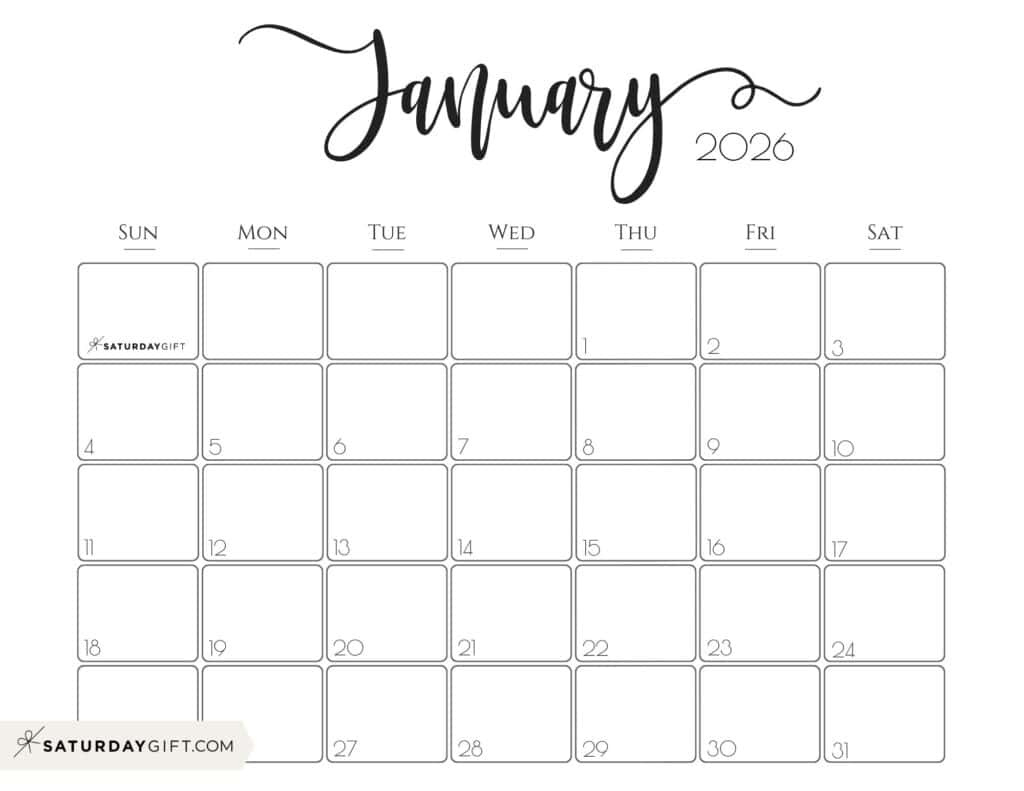 January 2026 Calendars - 23 Cute Free Printable Pdfssaturdaygift with regard to January Calendar 2026 Free Printable