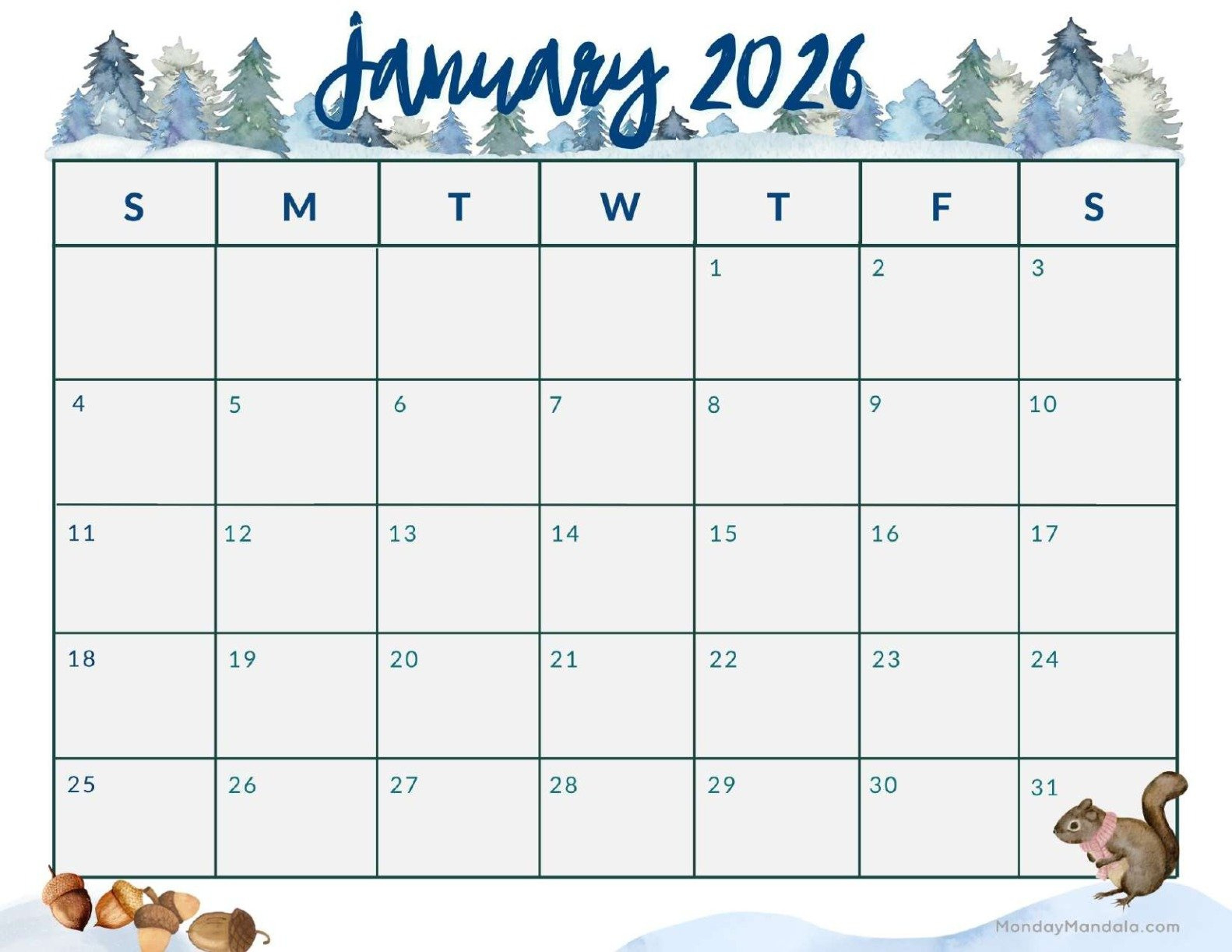 January 2026 Calendars (Free Pdf Printables) in January Printable Calendar 2026
