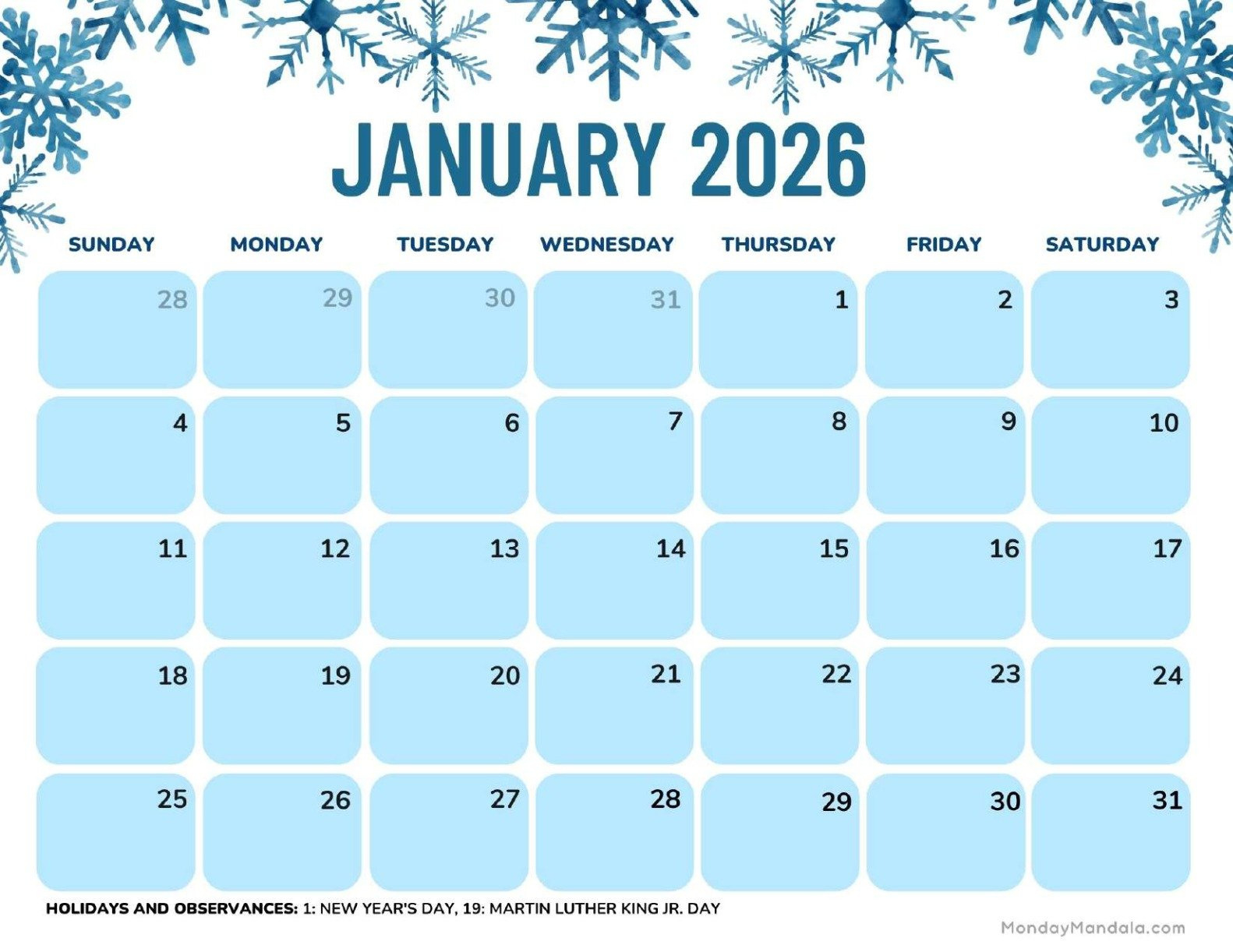 January 2026 Calendars (Free Pdf Printables) inside January 2026 Calendar Printable With Holidays