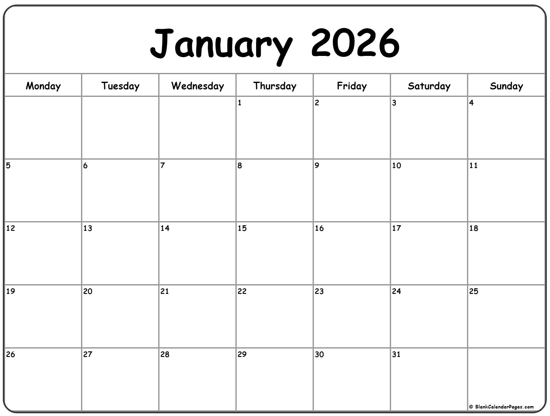 January 2026 Monday Calendar | Monday To Sunday within 2026 Calendar Printable Starting Monday