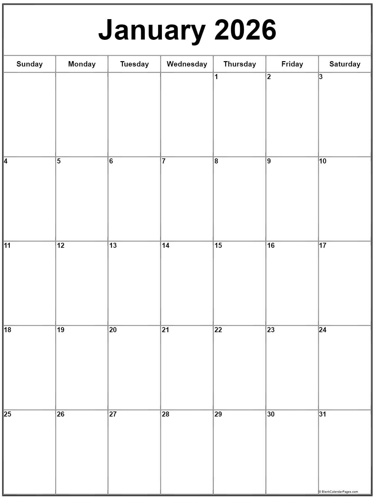January 2026 Vertical Calendar | Portrait in January 2026 Calendar Printable Portrait