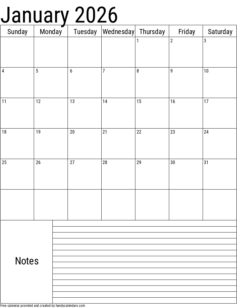 January 2026 Vertical Calendar With Notes - Handy Calendars inside 2026 Calendar Printable Notes