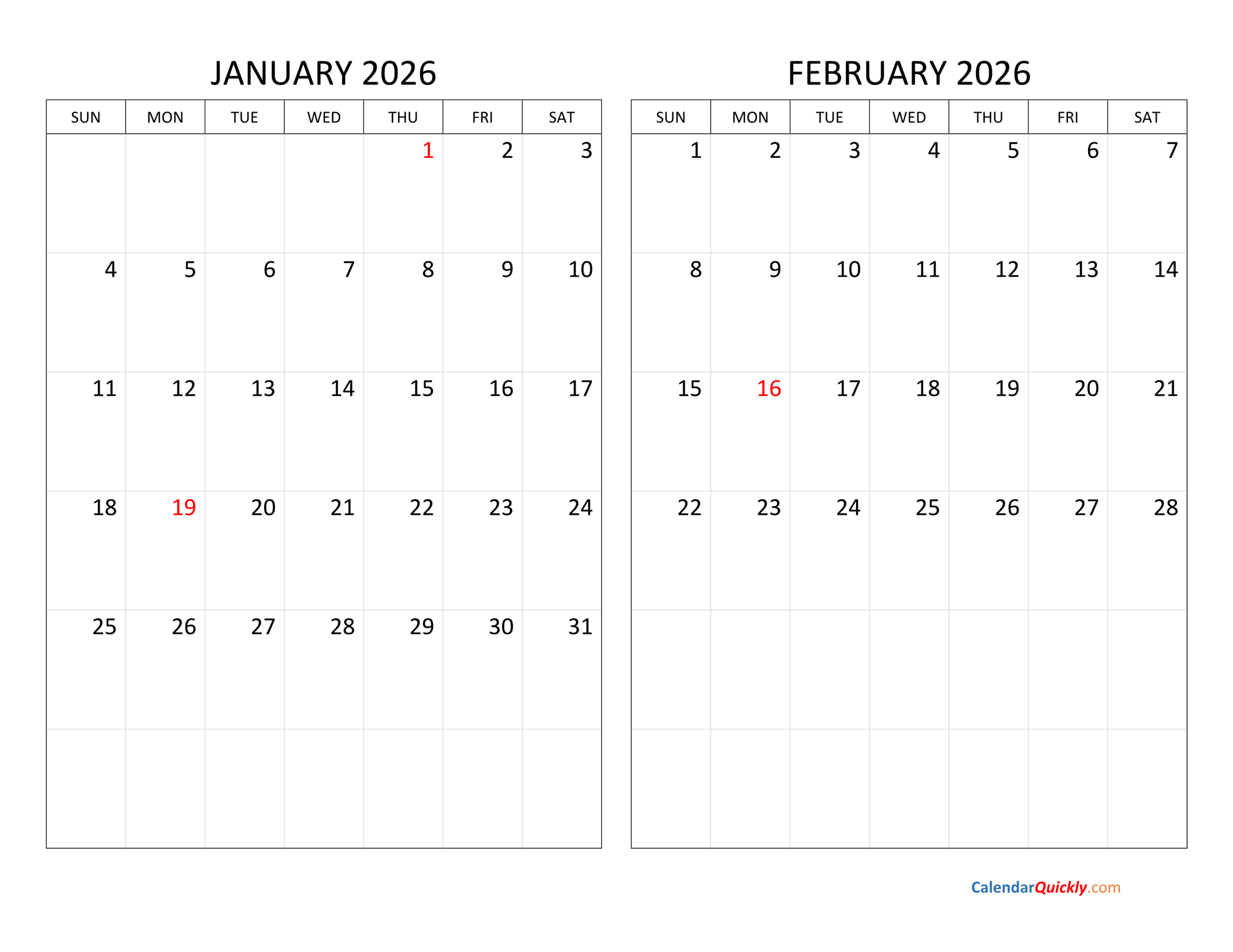 January And February 2026 Calendar | Calendar Quickly intended for January 2026 And February Printable Calendar
