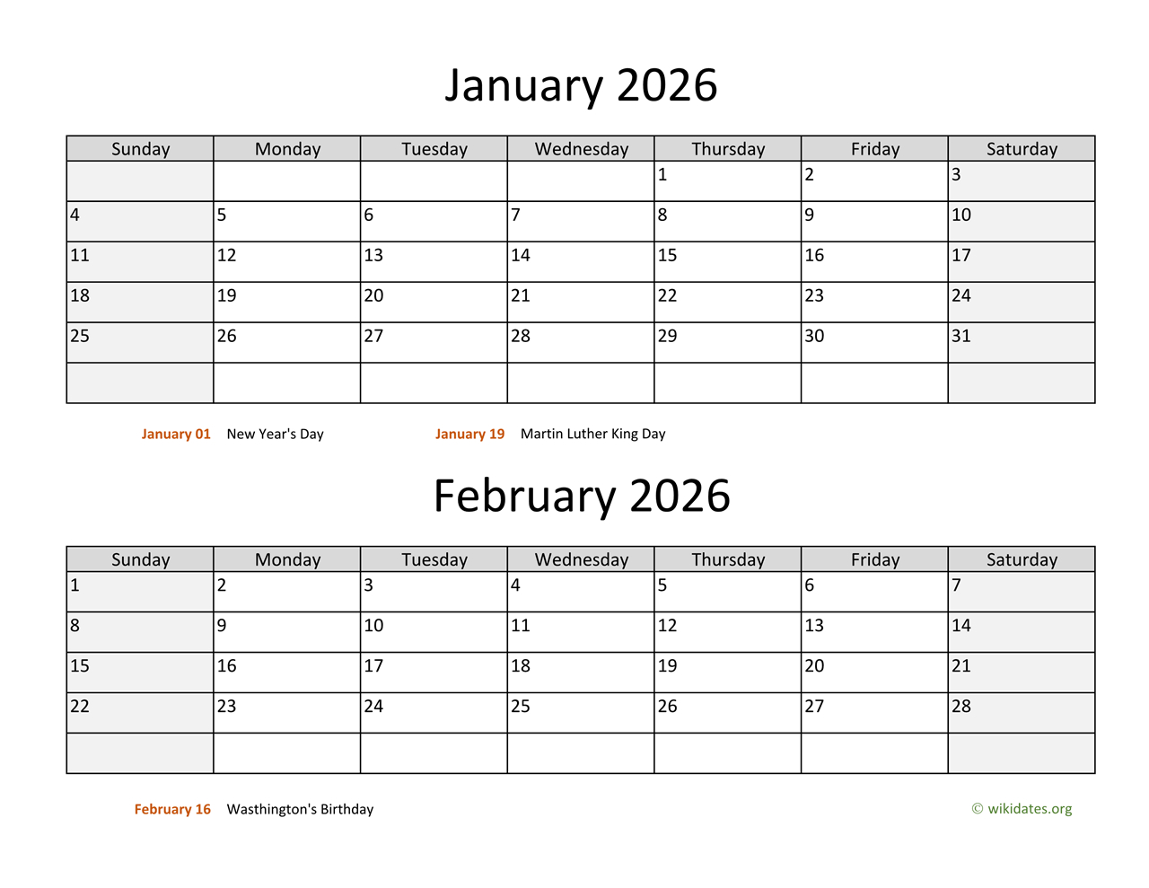 January And February 2026 Calendar | Wikidates with regard to January 2026 and February Printable Calendar