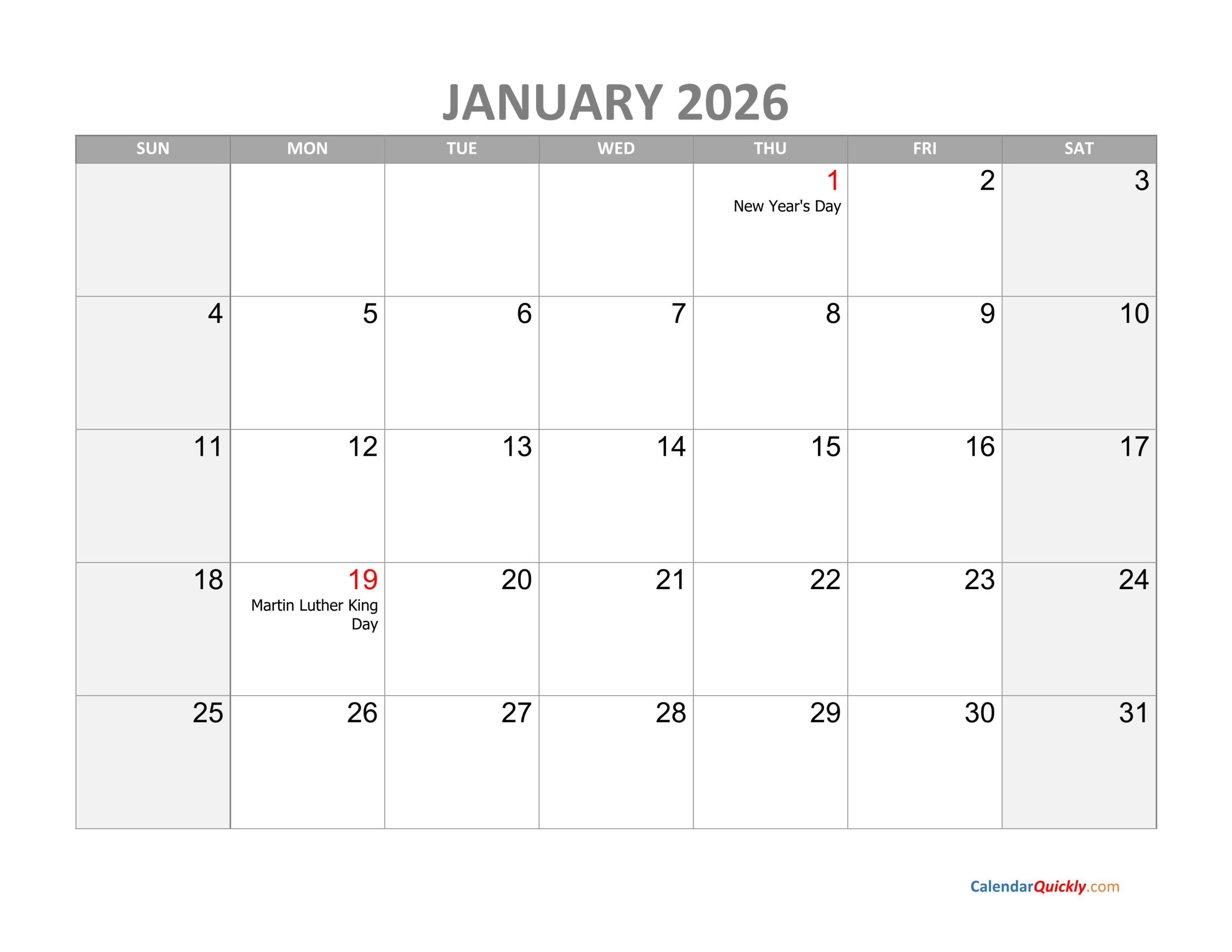 January Calendar 2026 With Holidays | Calendar Quickly regarding Calendar For January 2026 With Holidays