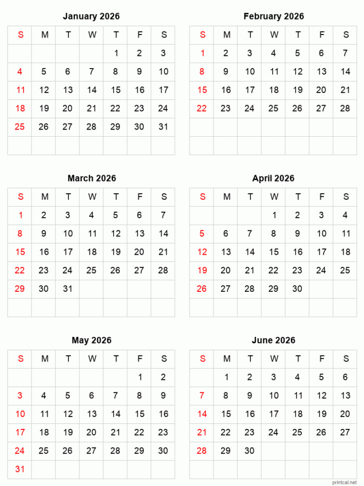 January to June 2026 Calendar Printable