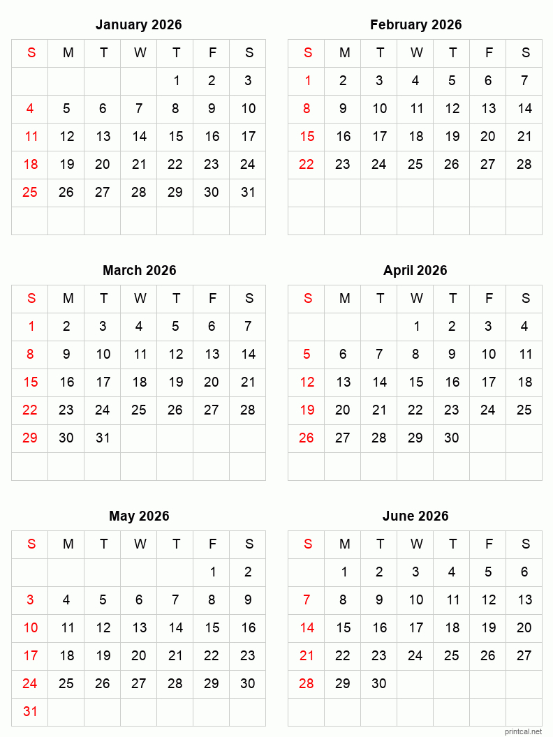 January To June 2026 Printable Calendar | Six Months Per Page within January To June 2026 Calendar Printable