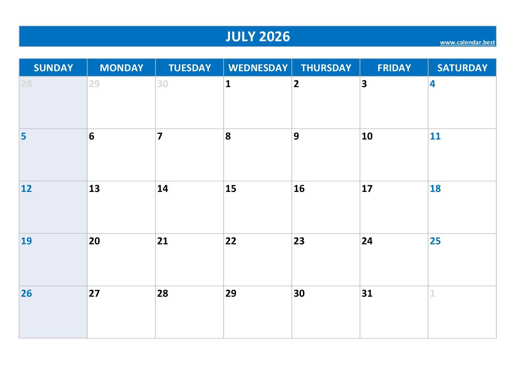 July 2026 Calendar -Calendar.best within July 2026 Calendar Printable