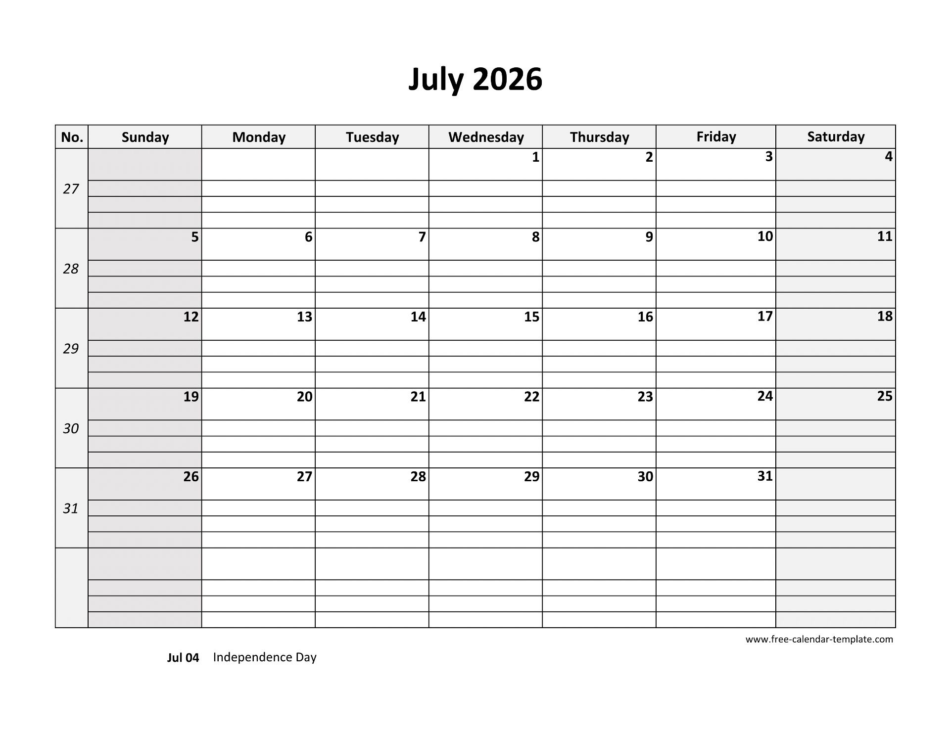 July 2026 Calendar Free Printable With Grid Lines Designed within Printable 2026 Calendar With Lines