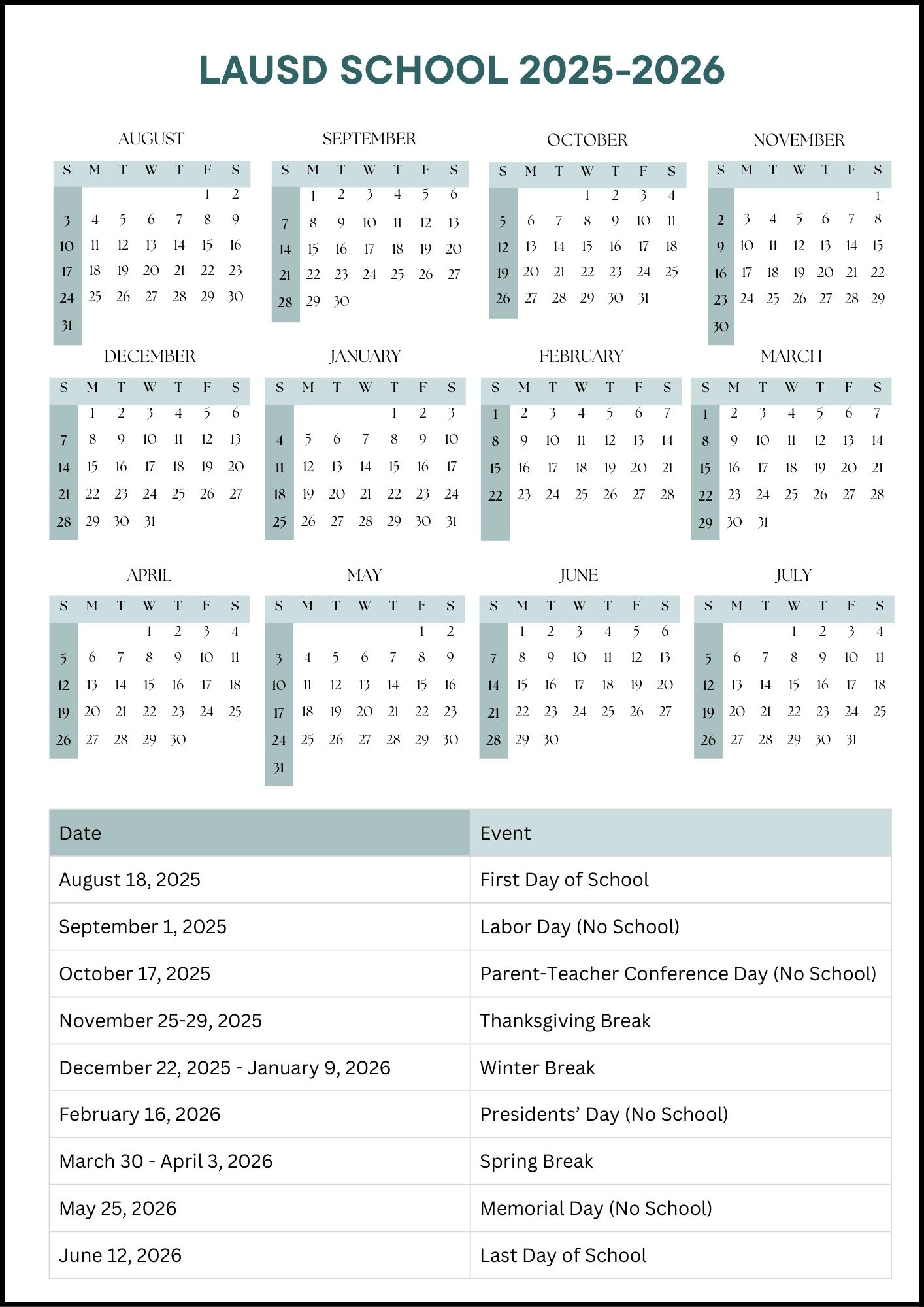 Lausd School Calendar 2025-2026 (Dates) with regard to Lausd 2025 to 2026 Calendar Printable