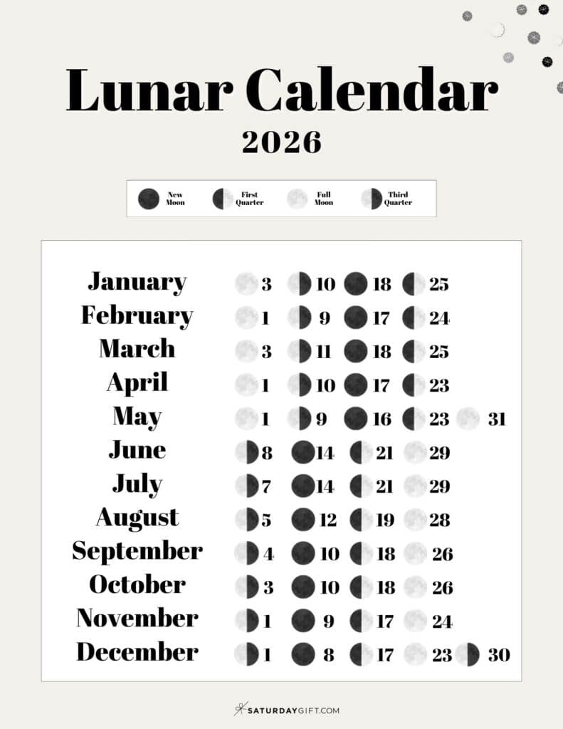Lunar Calendar 2026 - 12 Moon Phase Calendar Printables with Moon Phase Calendar 2026 Usa