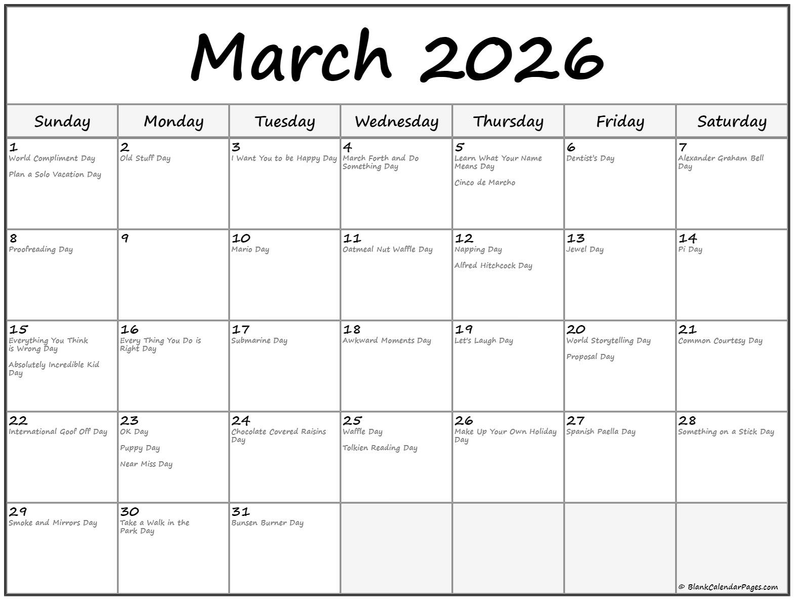 March 2026 With Holidays Calendar with regard to National Day Calendar March 2026