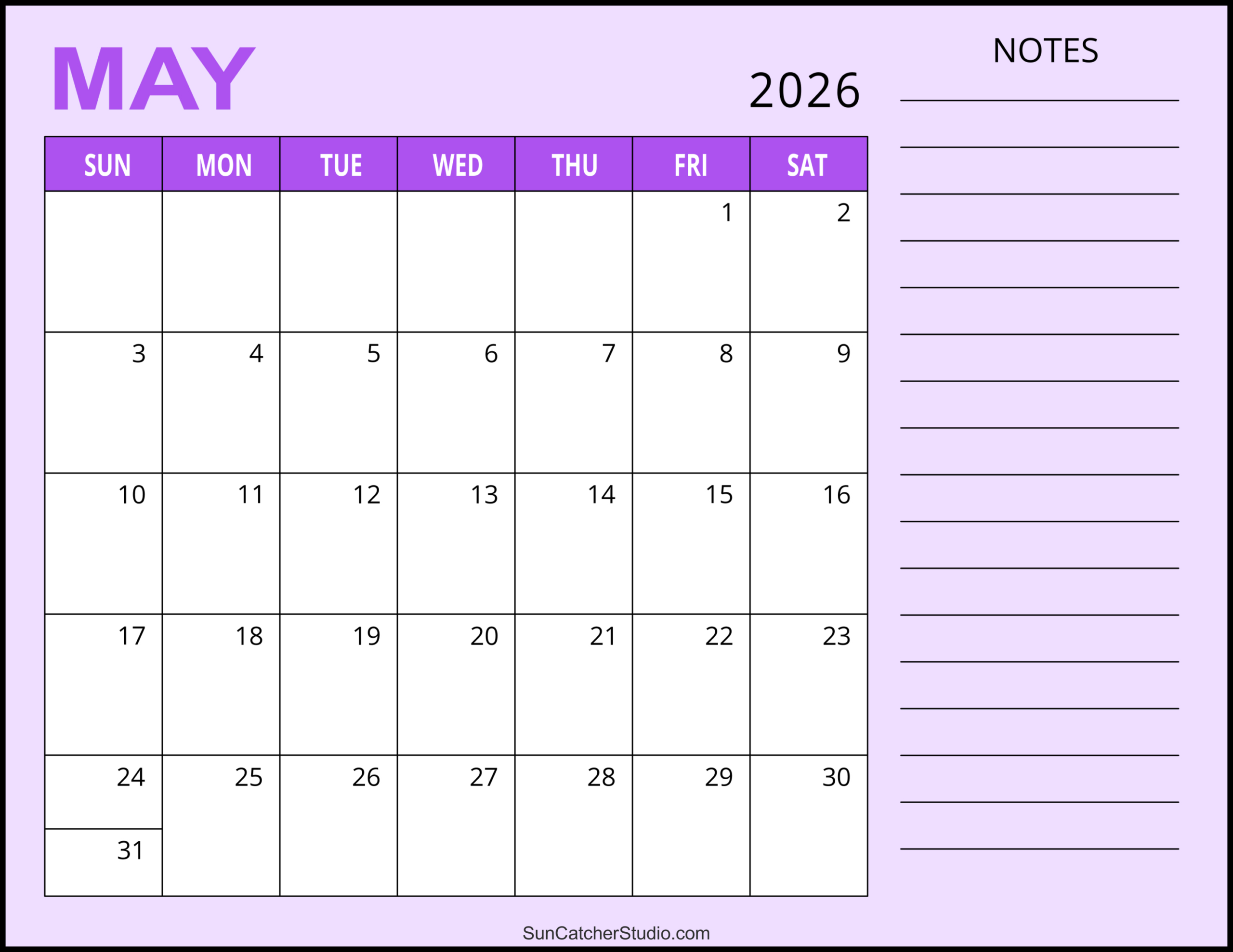 May 2026 Calendar (Free Printable) – Free Printables, Lettering intended for 2026 Calendar Printable with Notes