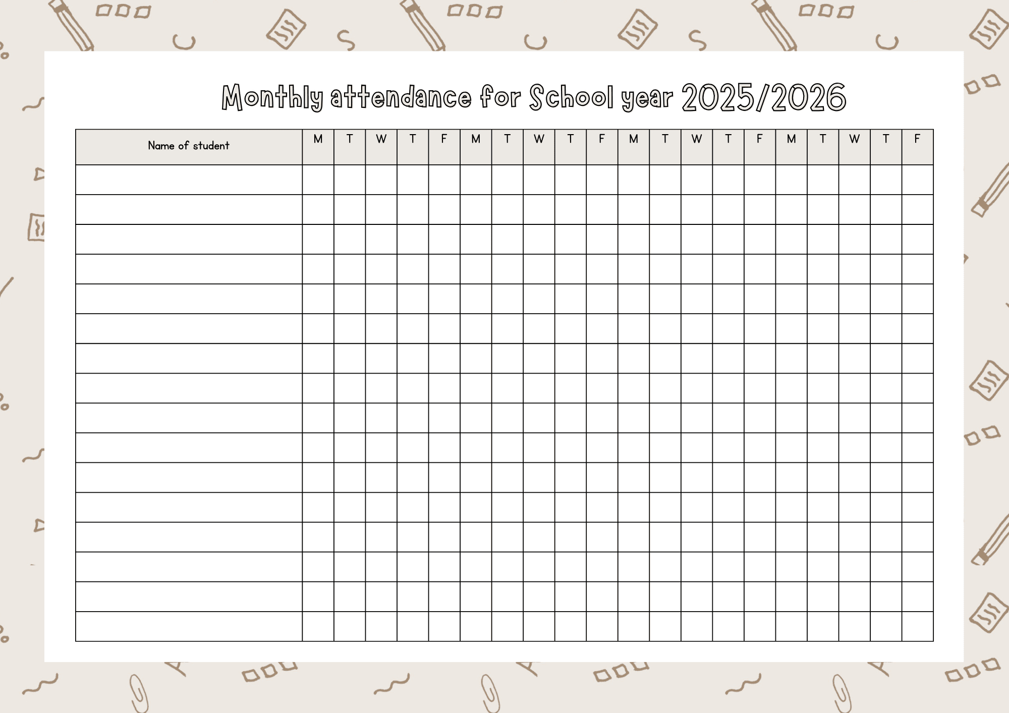 Monthly Attendance List For School Year 2025/2026 with 2026 Attendance Sheets