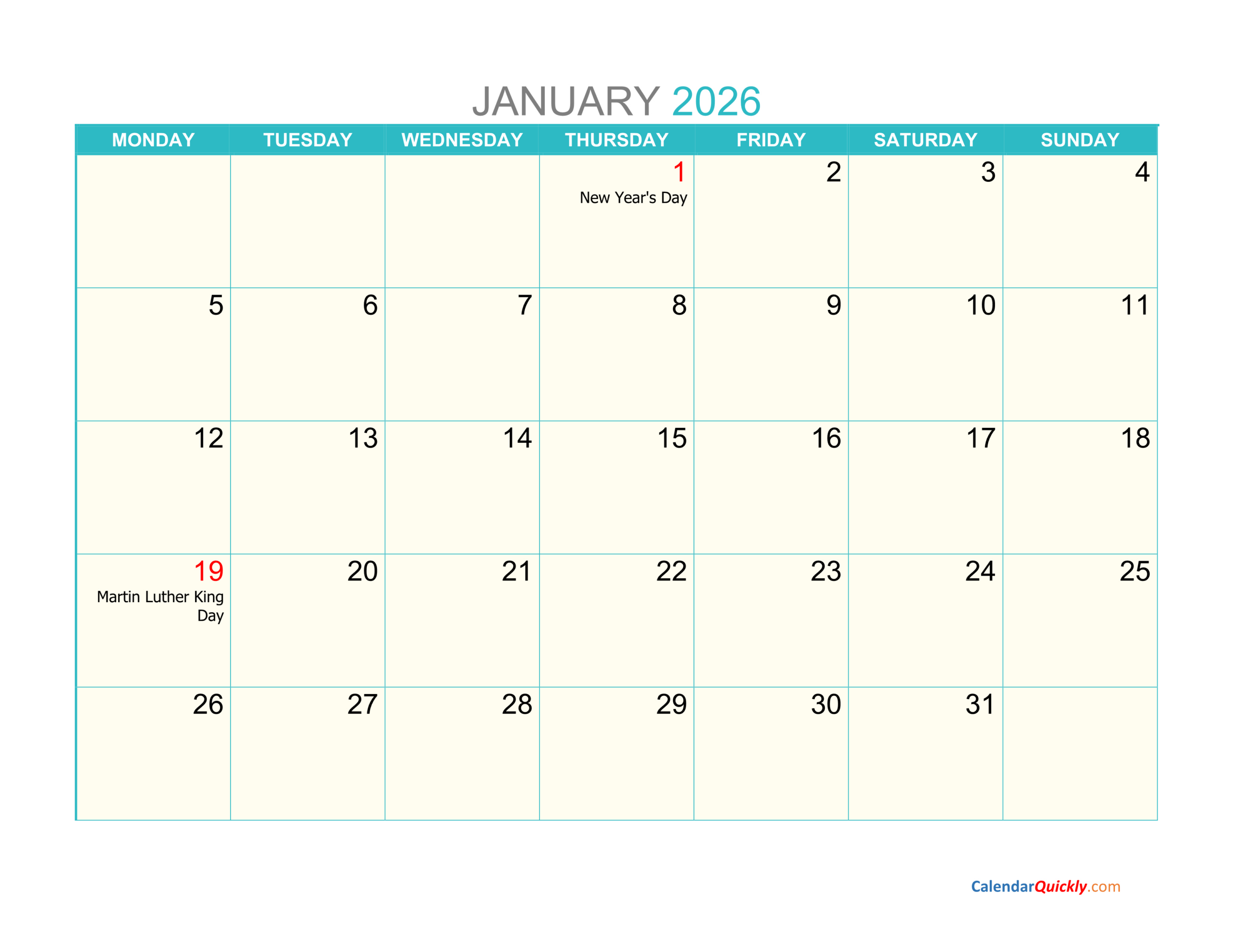 Monthly Monday 2026 Calendar Printable | Calendar Quickly intended for 2026 Calendar Printable Monday Start