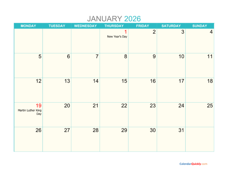 2026 Calendar Printable Starting Monday