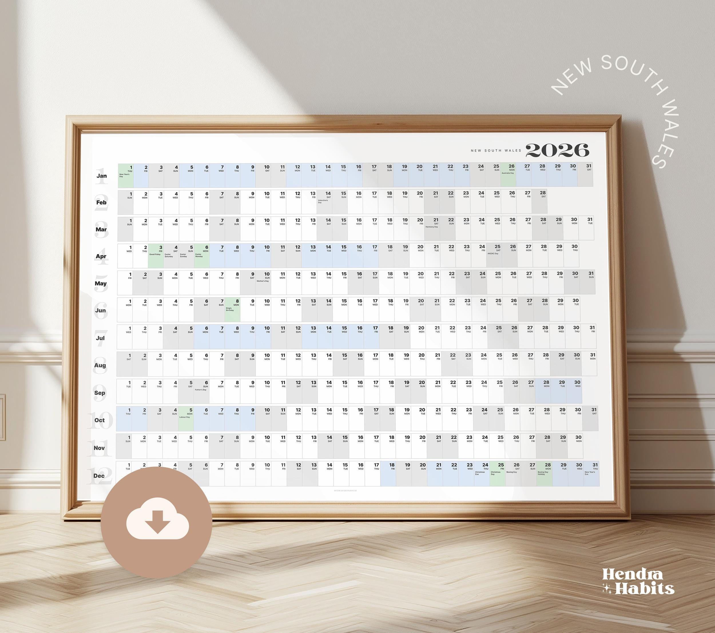 New South Wales, Australia Calendar 2026 | Wall Planner ~ Includes within NSW Catholic School Holidays 2026 Calendar