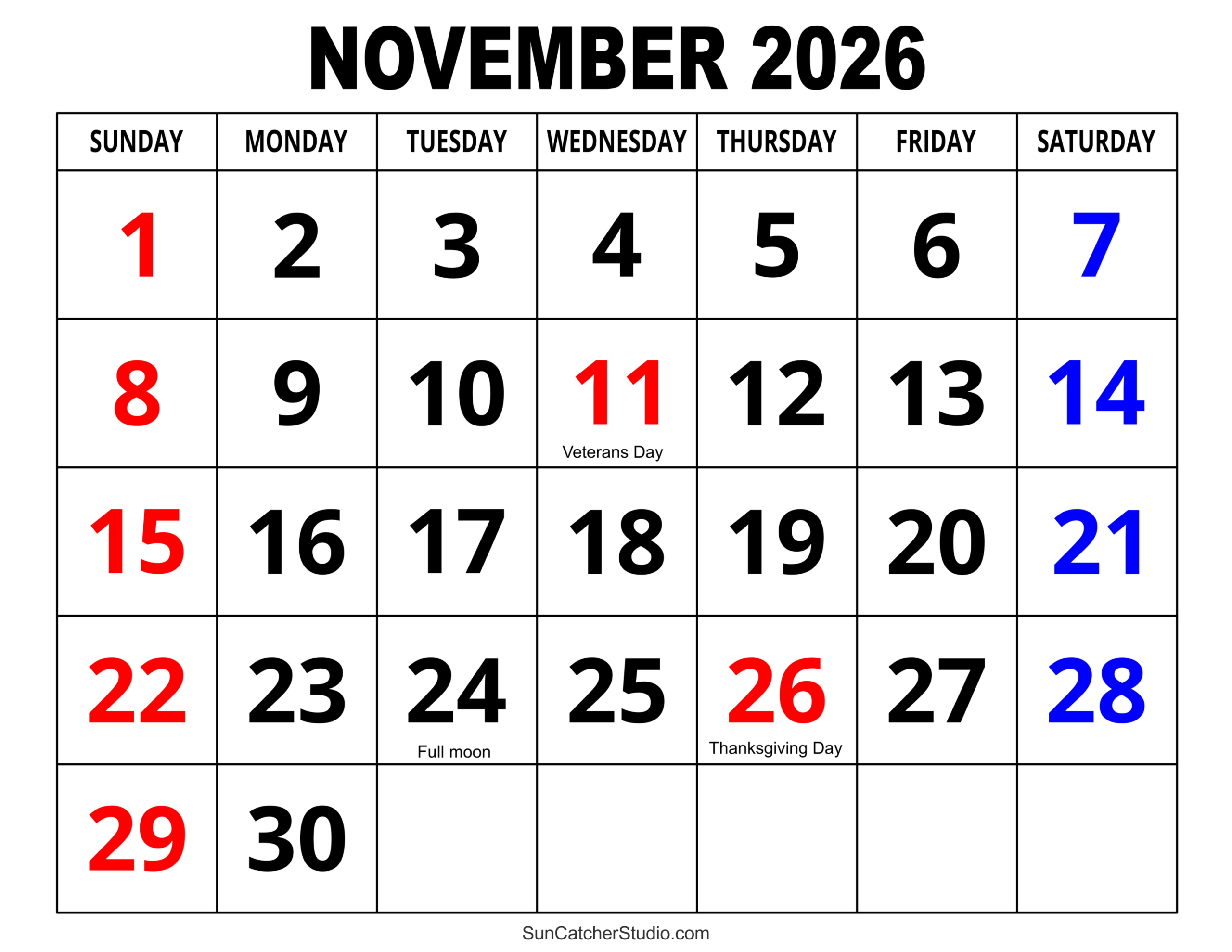 November 2026 Calendar (Free Printable) – Free Printables regarding November 2026 Calendar Printable