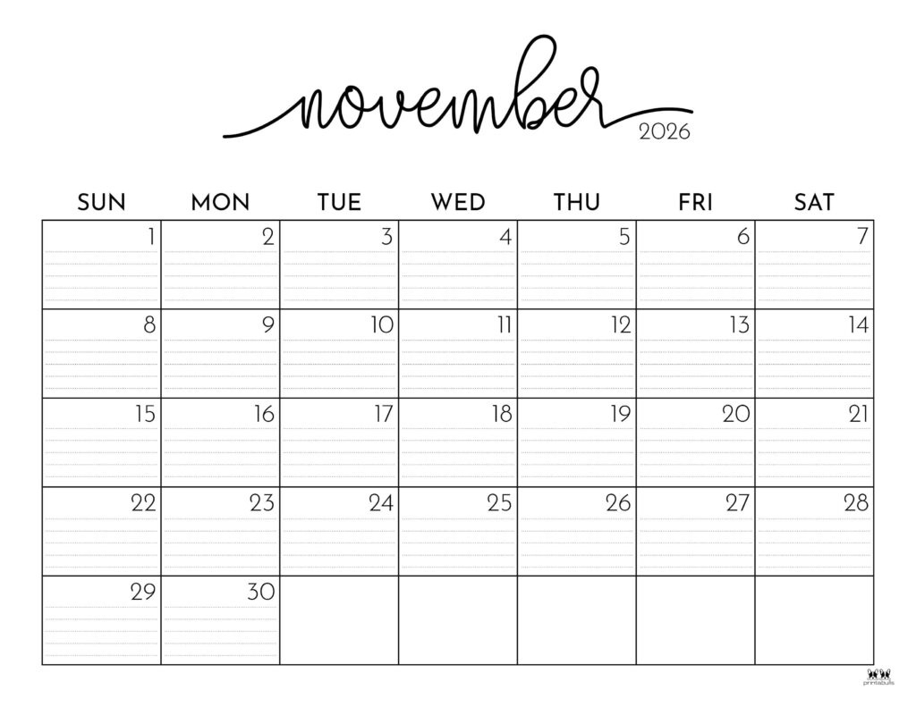 November 2026 Calendars - 123 Free Printables | Printabulls pertaining to November 2026 Calendar Printable Free