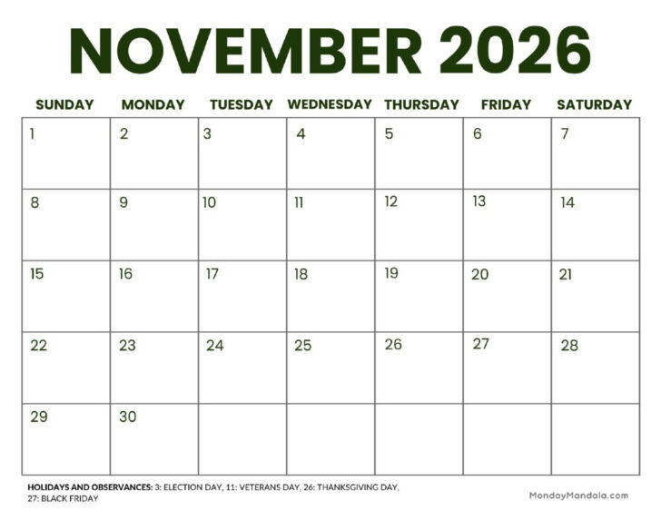 November 2026 Calendar Printable Free